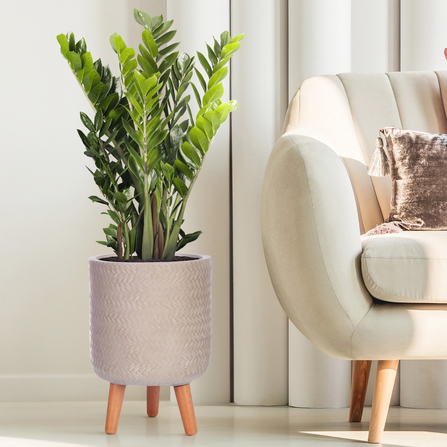 IDEALIST Lite Plaited Style Cylinder Planter on Legs, Round Pot Plant Stand Indoor