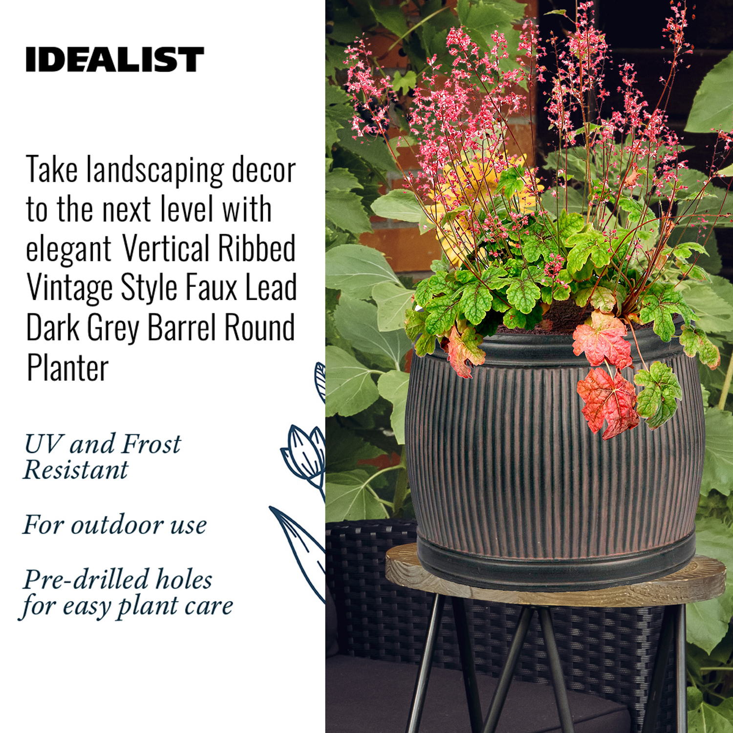 IDEALIST Lite Vertical Ribbed Vintage Style Barrel Round Planter