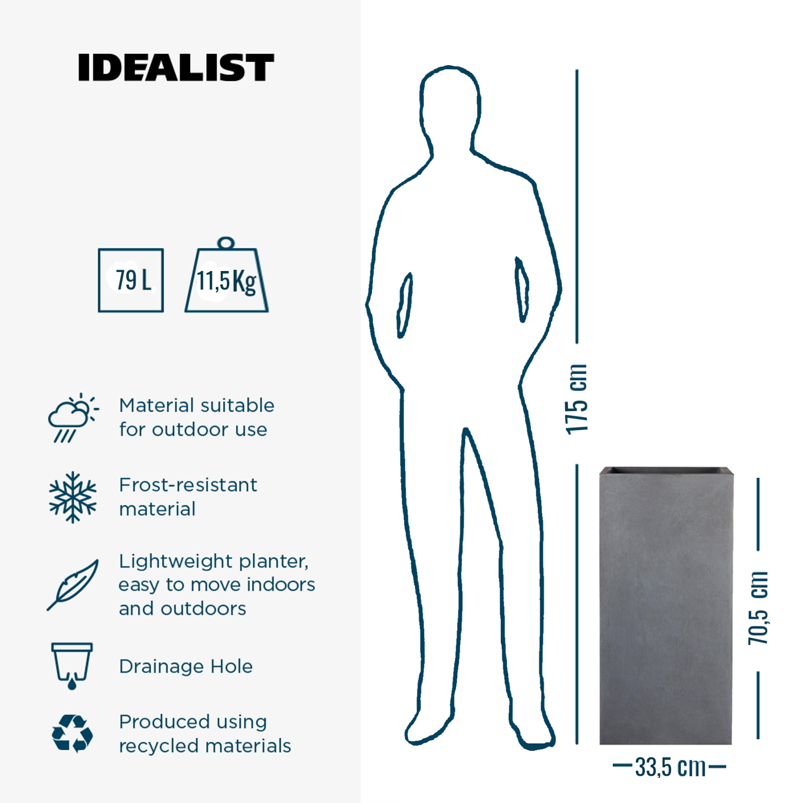 IDEALIST Lite Tall Square Contemporary Light Concrete Planter