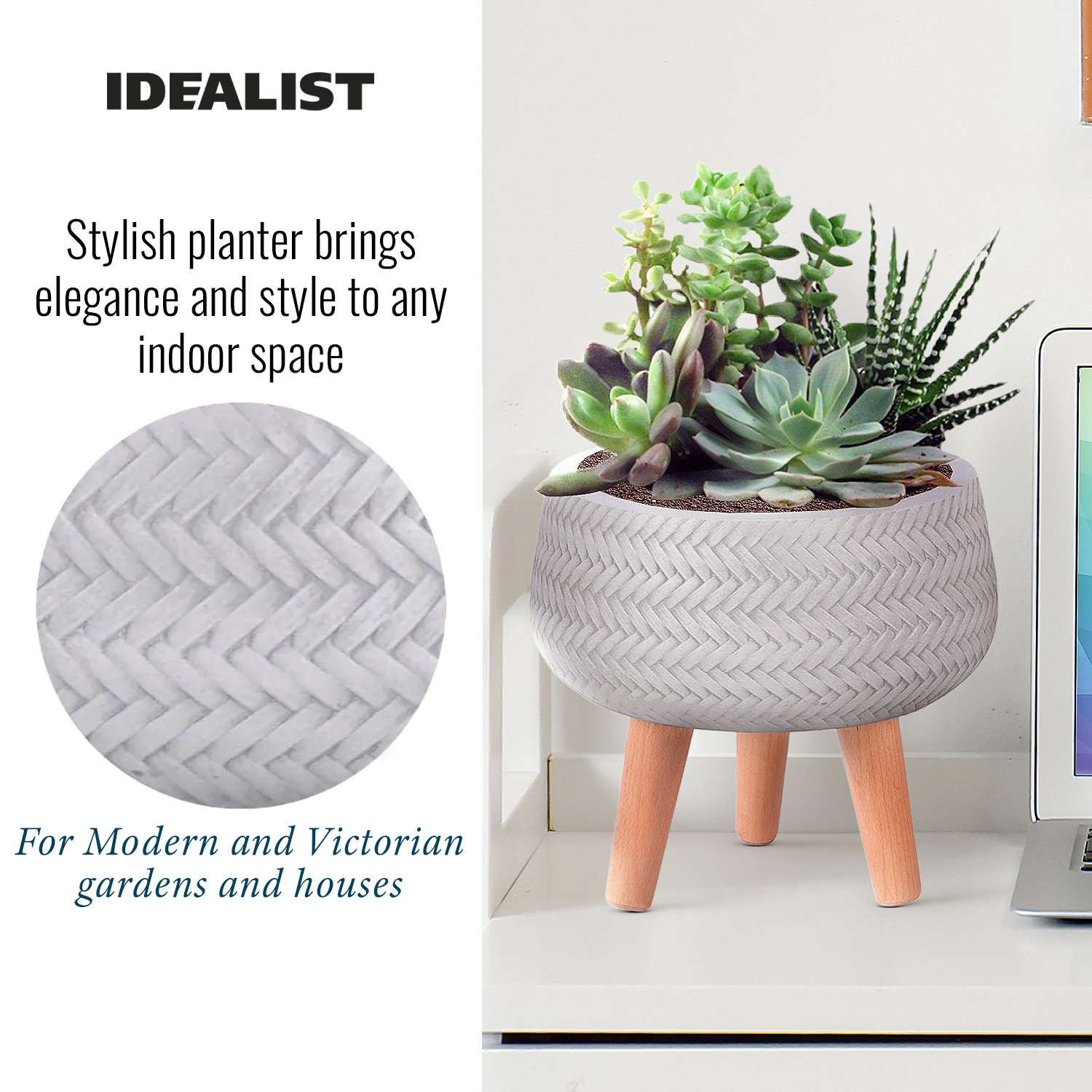 IDEALIST Lite Plaited Style Bowl Planter on Legs, Round Pot Plant Stand Indoor
