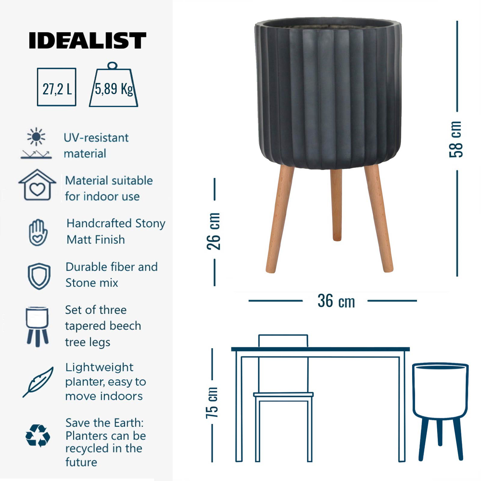 IDEALIST Lite Modern Ribbed Cylinder Planter on Legs, Round Pot Plant Stand Indoor