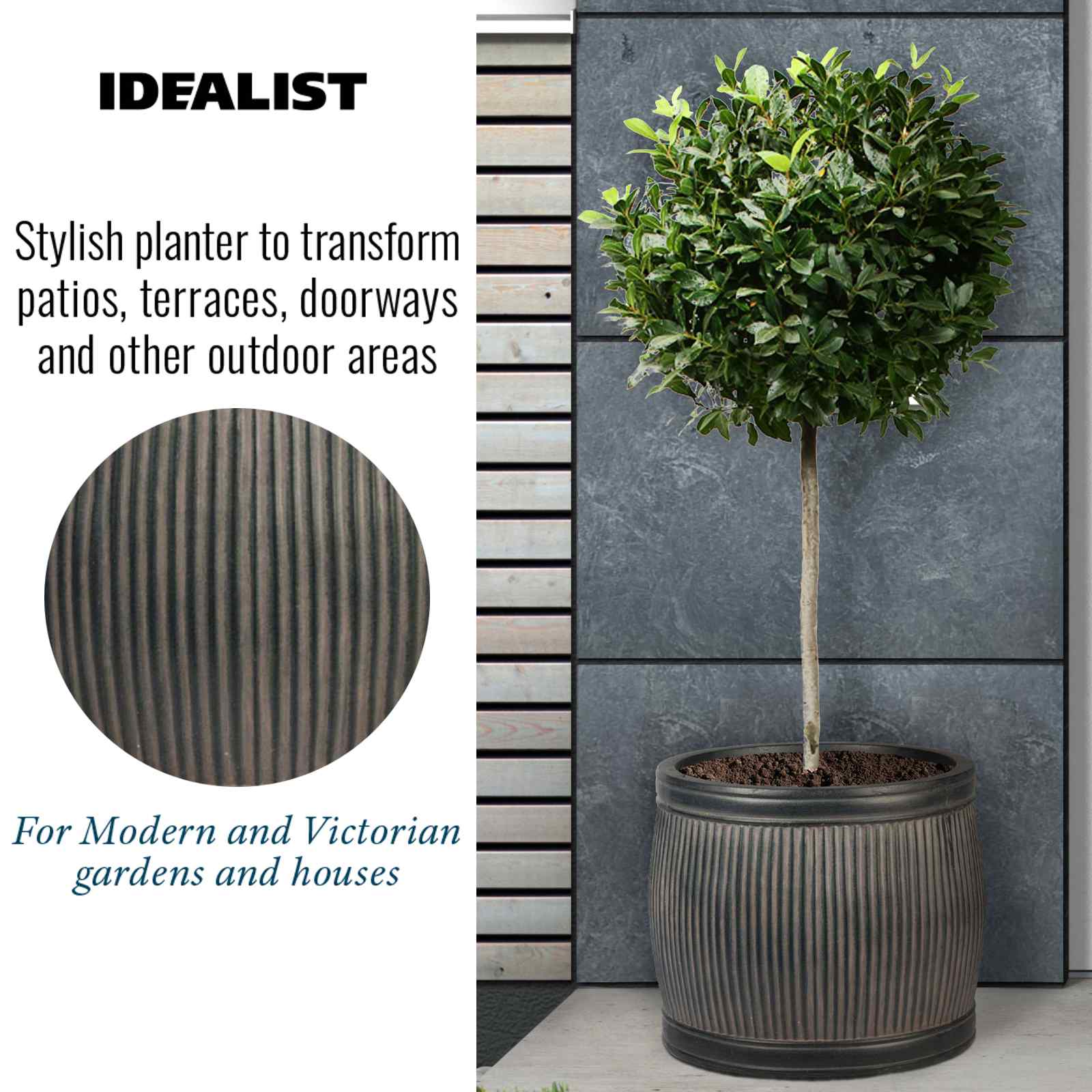 IDEALIST Lite Vertical Ribbed Vintage Style Barrel Round Planter
