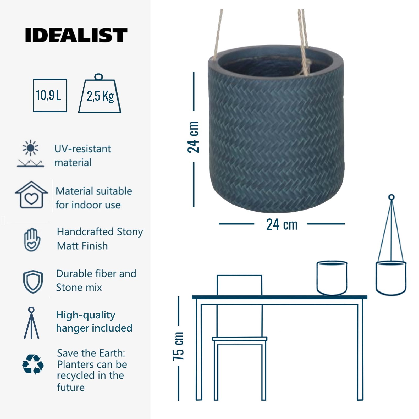 IDEALIST Lite Plaited Style Table and Hanging Cylinder Round Plant Pot Dual Use Indoor Planter