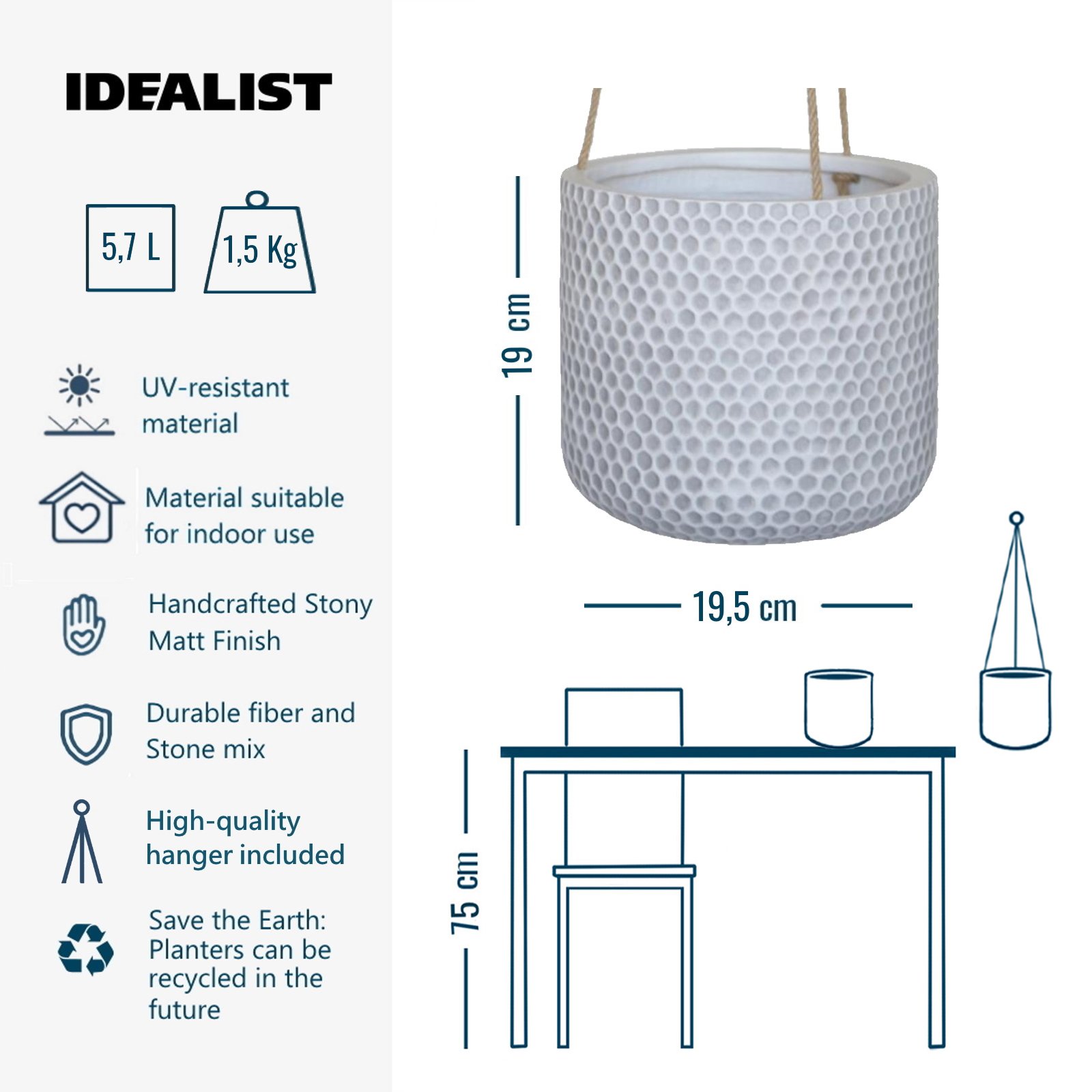 IDEALIST Lite Honeycomb Style Table and Hanging Cylinder Round Plant Pot Dual Use Indoor Planter