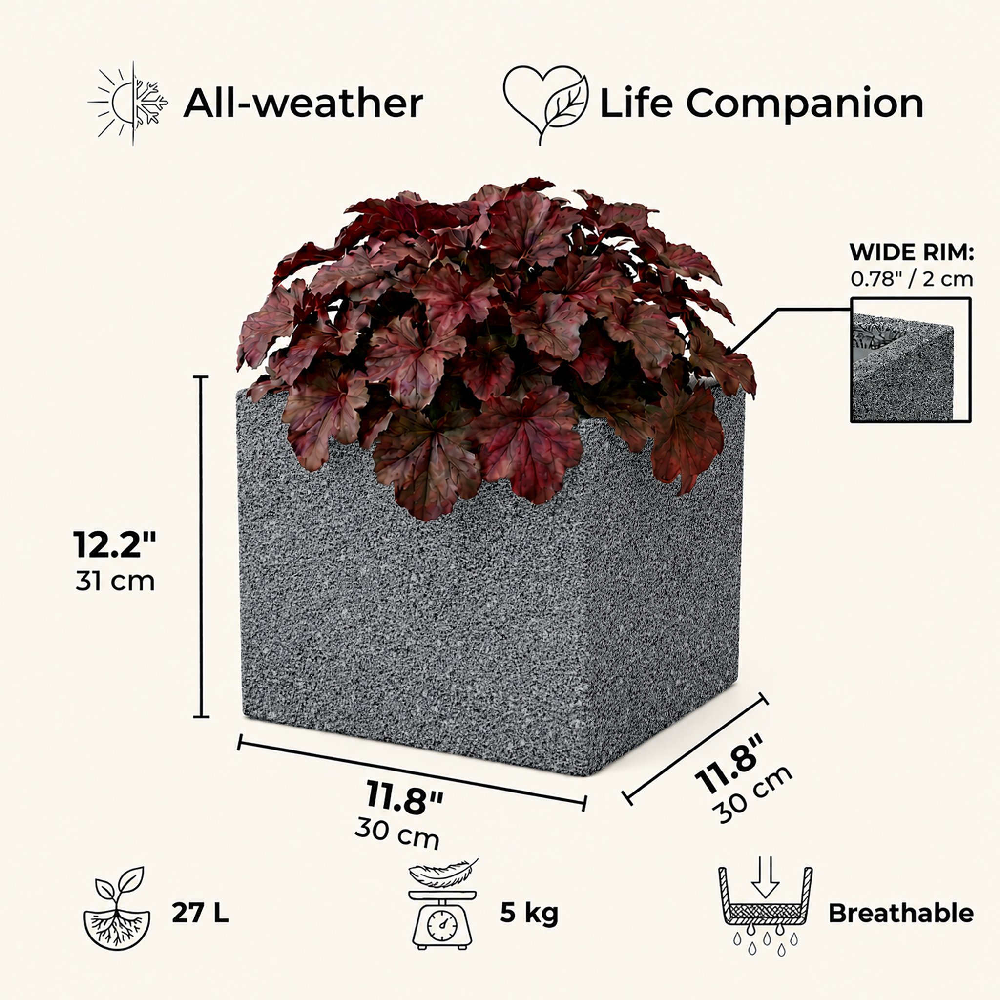 IDEALIST Lite Textured Concrete Effect Square Outdoor Planter