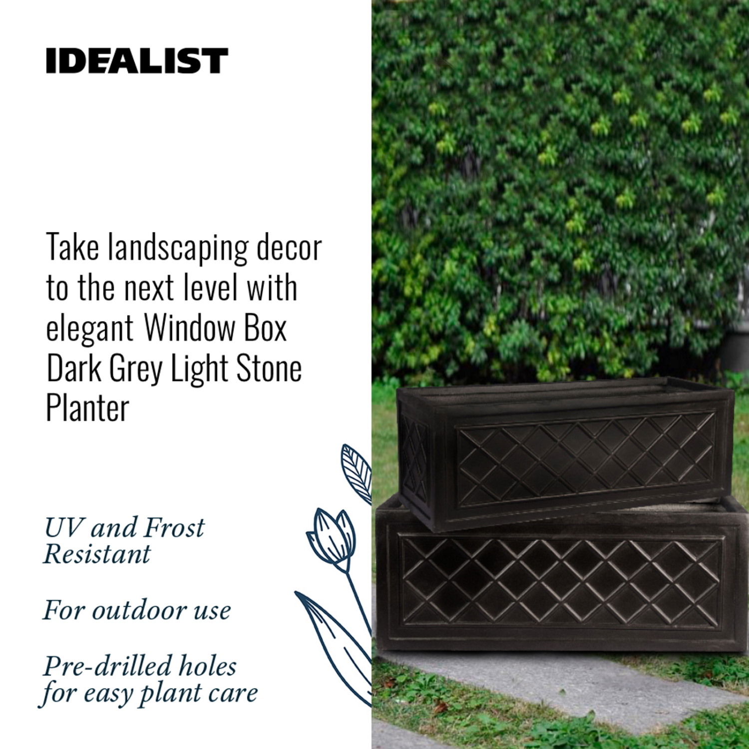 IDEALIST Lite Window Box Faux Lead Lattice Grey Light Stone Planter