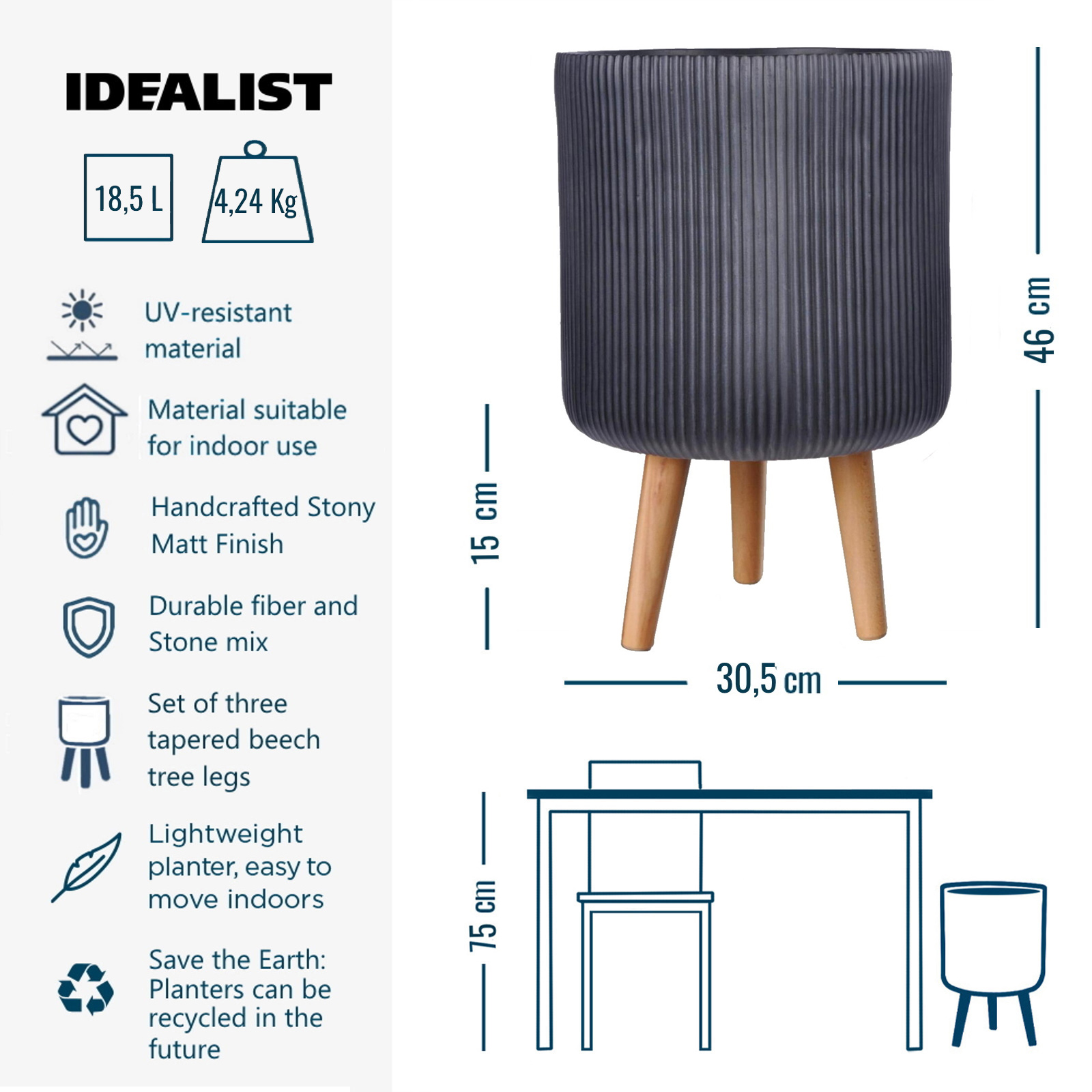 IDEALIST Lite Ribbed Cylinder Planter on Legs, Round Pot Plant Stand Indoor