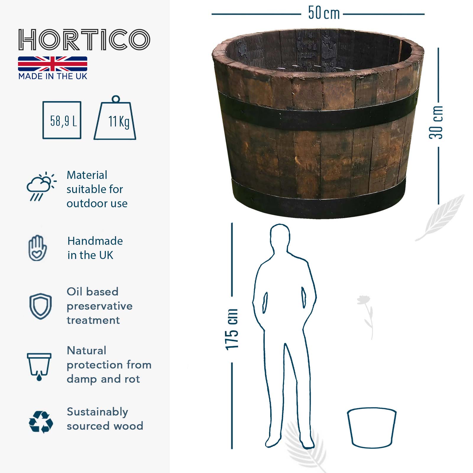Rustic Upcycled Oak Wood Round Tub Half Barrel Outdoor Planter Made in UK by HORTICO