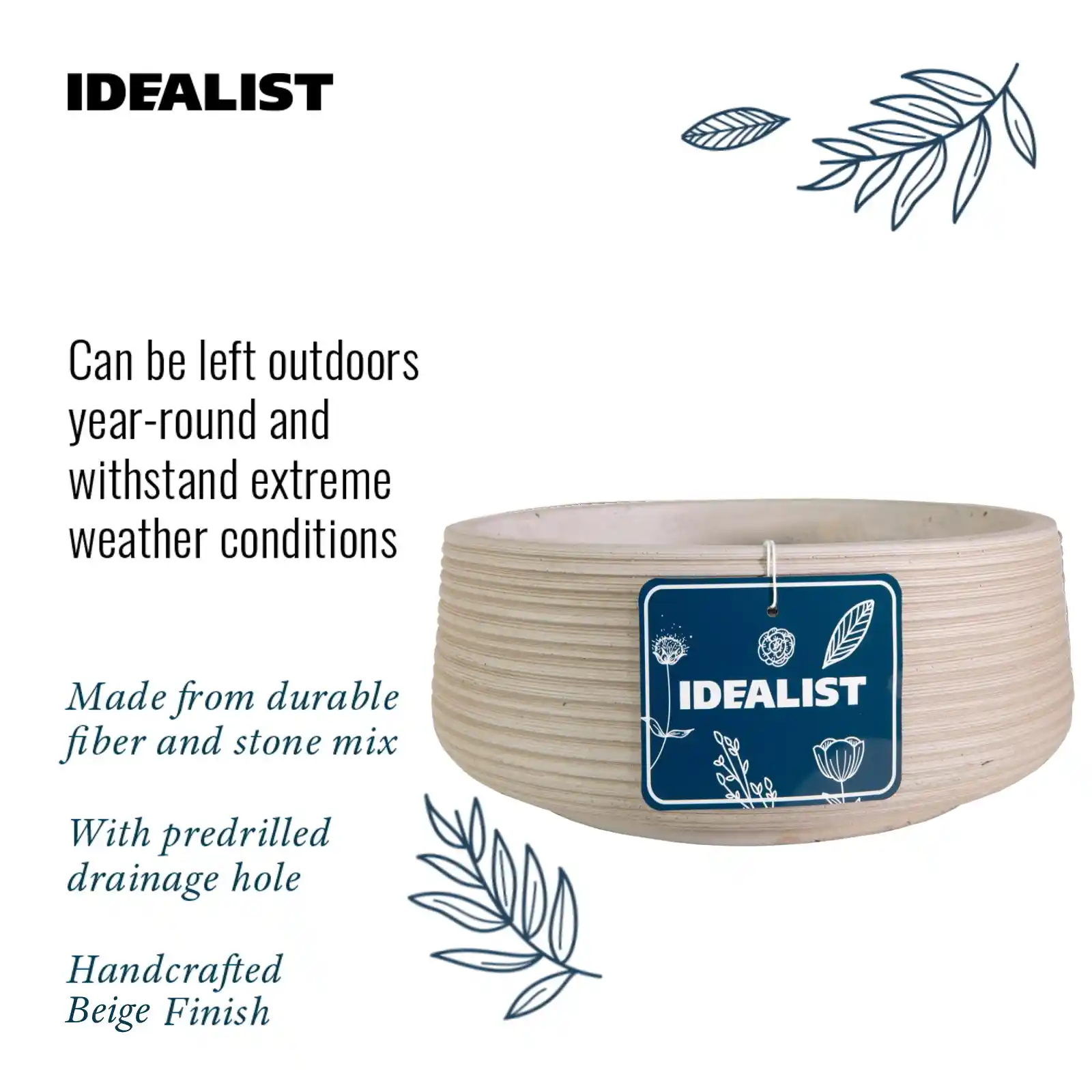 IDEALIST Lite Large Ribbed Light Concrete Bowl Planter