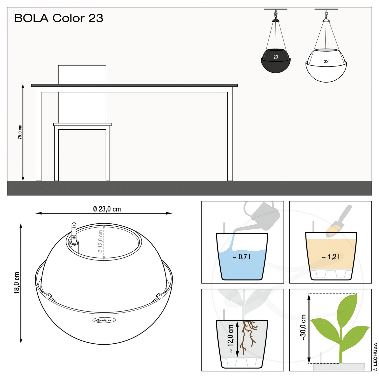 LECHUZA BOLA Color Round Poly Resin Self-watering Planter