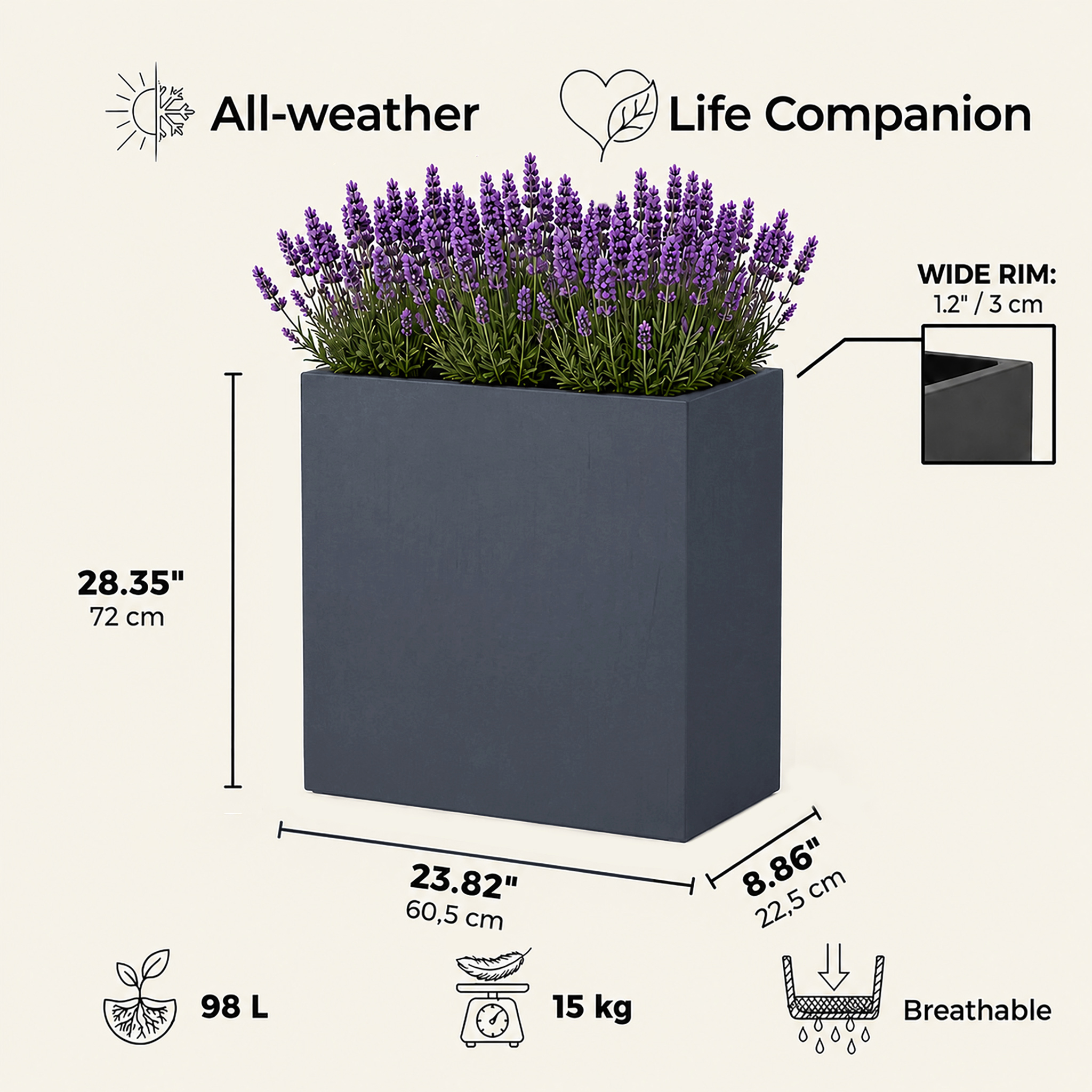 IDEALIST Lite Narrow Contemporary Light Concrete Trough Planter