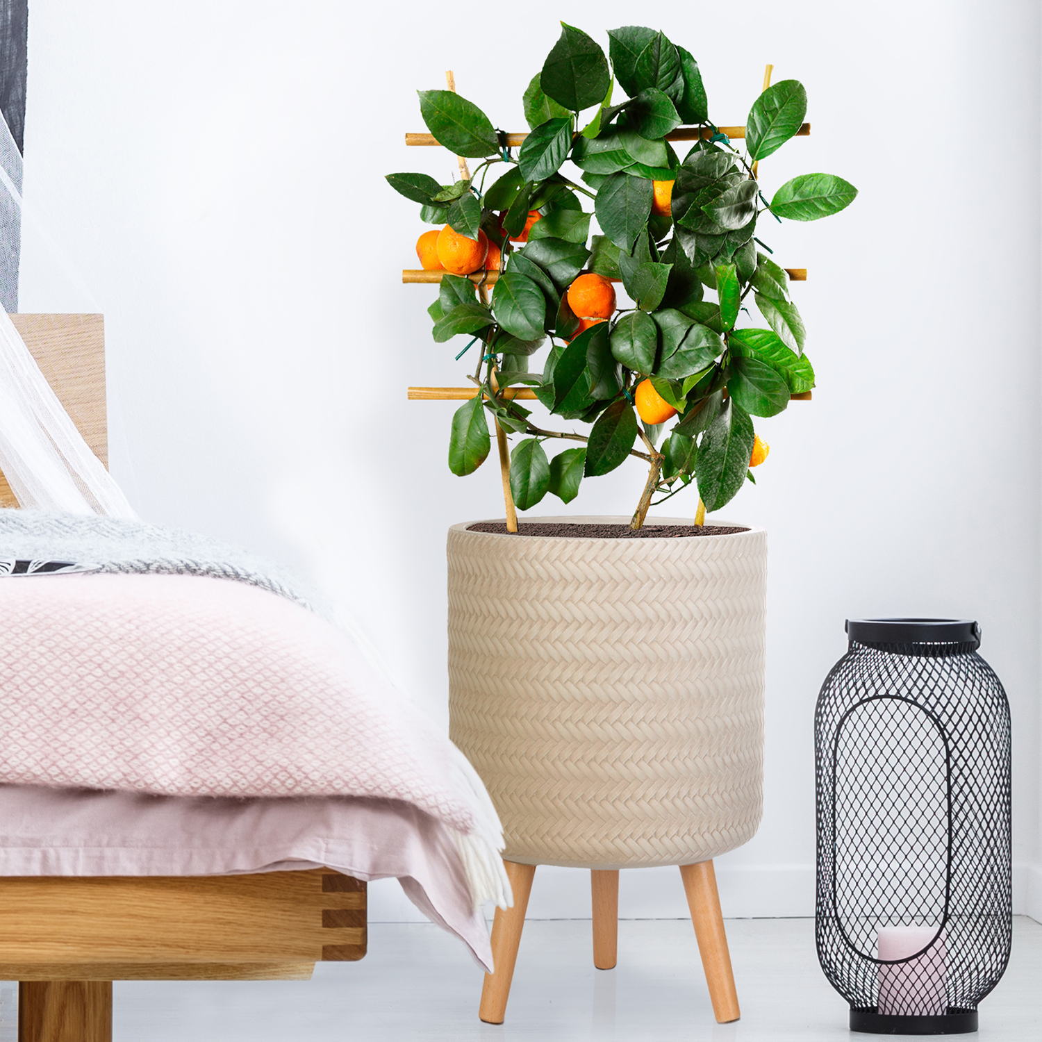 IDEALIST Lite Plaited Style Cylinder Planter on Legs, Round Pot Plant Stand Indoor