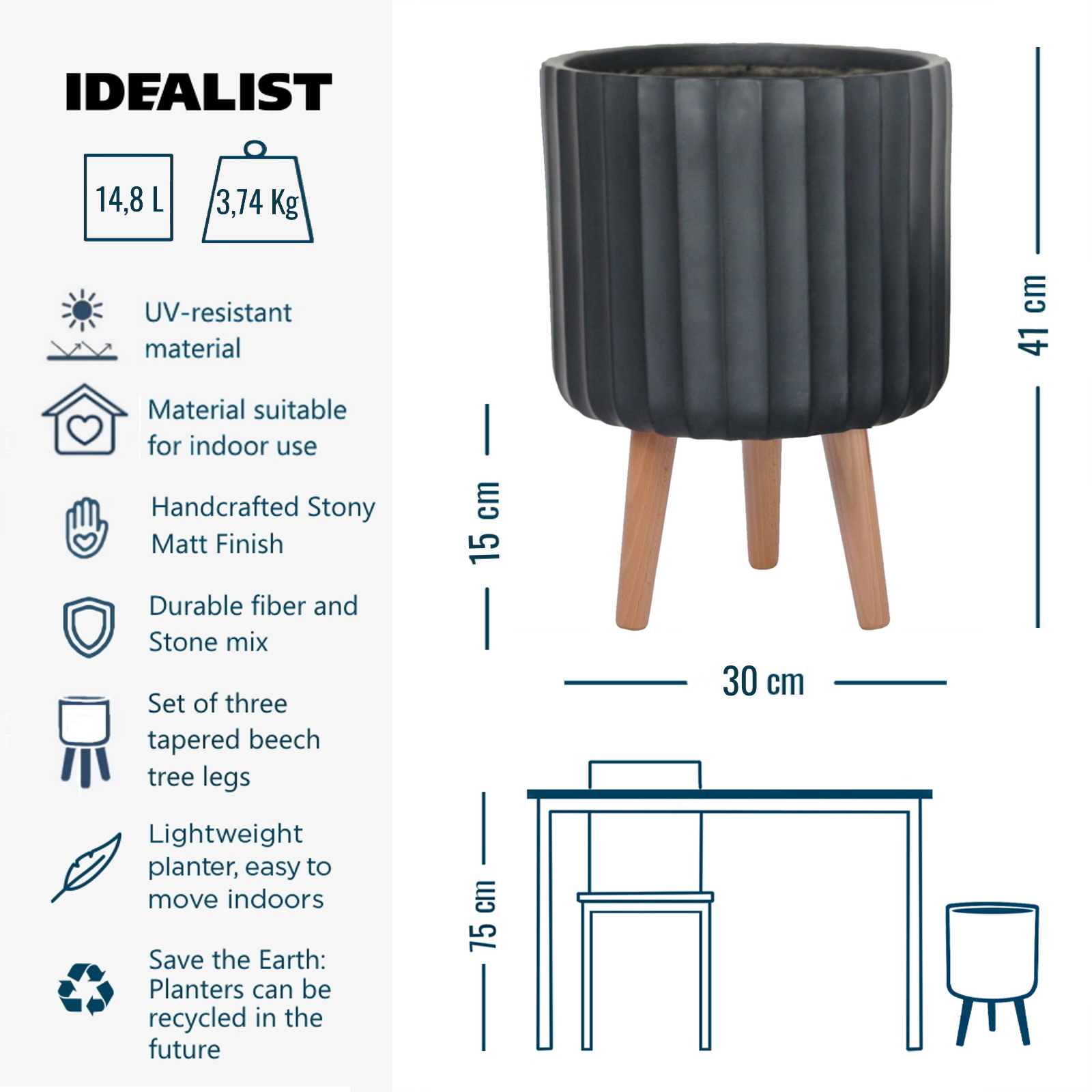 IDEALIST Lite Modern Ribbed Cylinder Planter on Legs, Round Pot Plant Stand Indoor