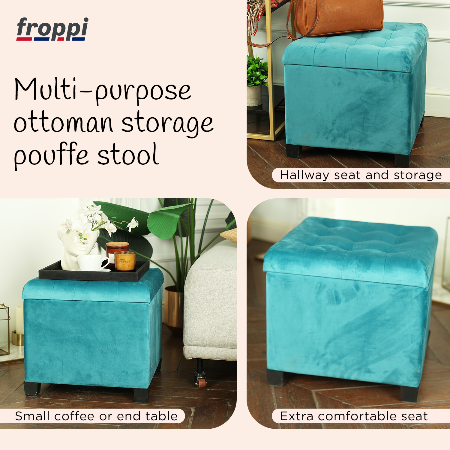 Premium Square Footstool with Storage Velvet Ottoman Storage Pouffe on Feet by Froppi