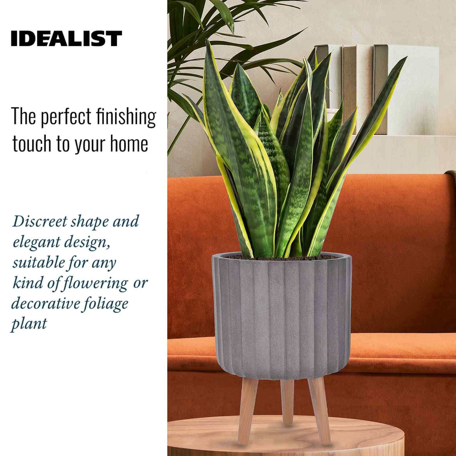IDEALIST Lite Modern Ribbed Cylinder Planter on Legs, Round Pot Plant Stand Indoor