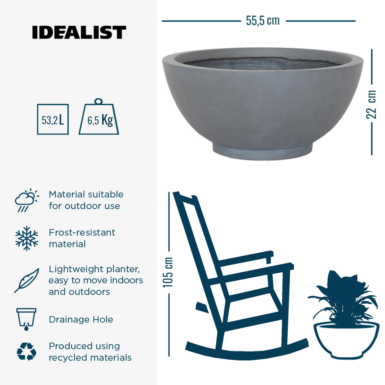 IDEALIST Lite Dish Style Smooth Bowl Outdoor Planter