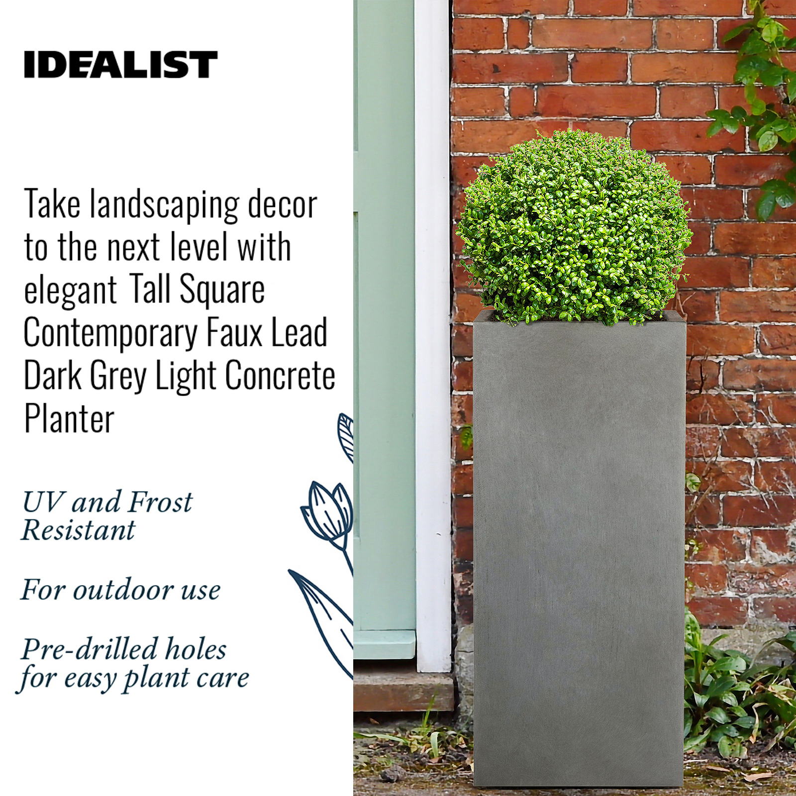 IDEALIST Lite Tall Square Contemporary Light Concrete Planter