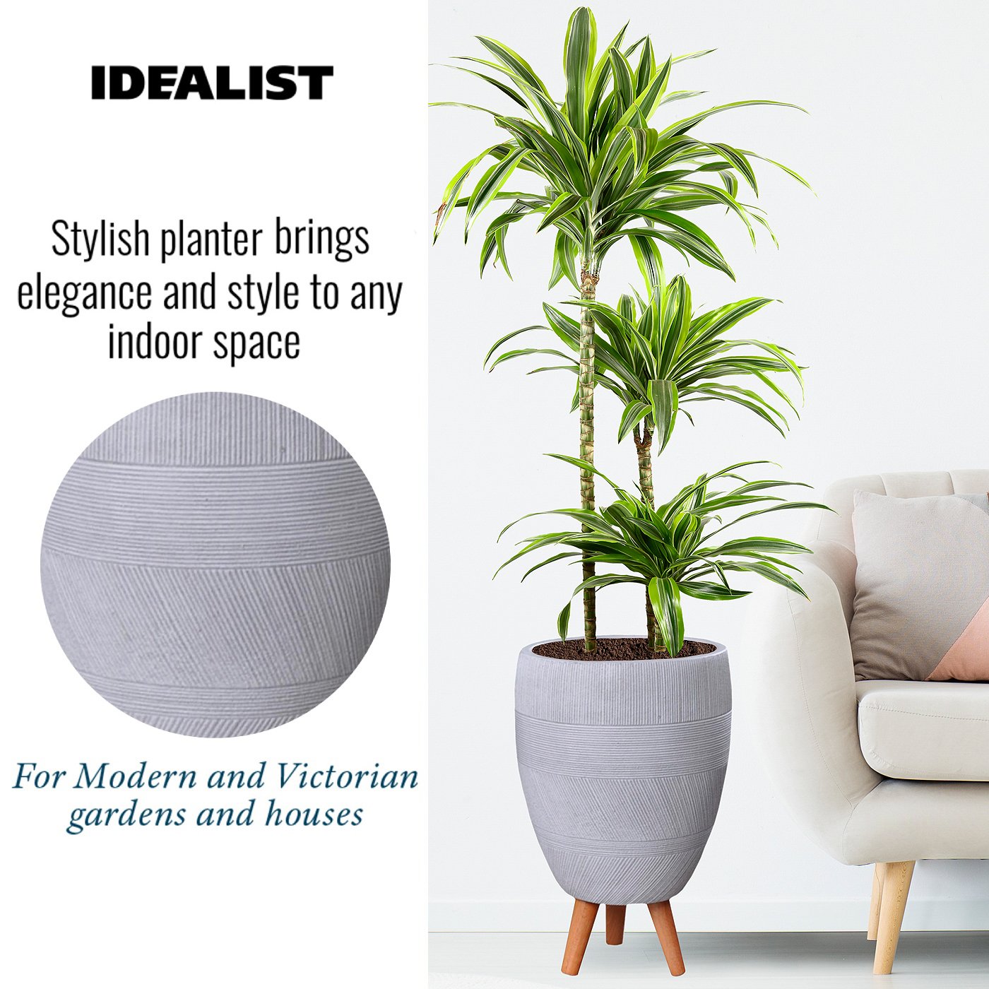 IDEALIST Lite Striped Egg Planter on Legs, Round Pot Plant Stand Indoor