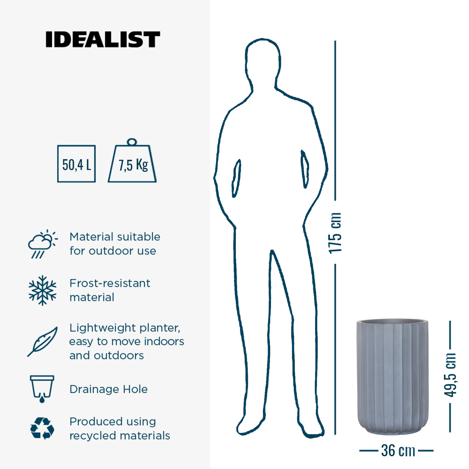 IDEALIST Lite Modern Ribbed Cylinder Round Outdoor Planter