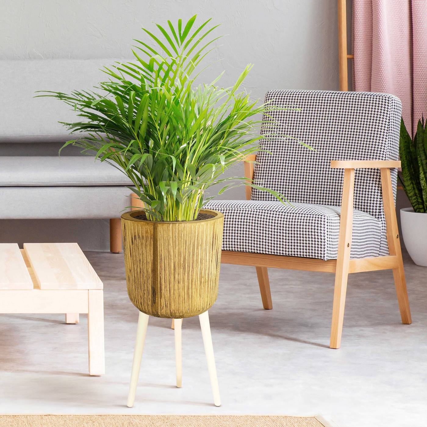 HORTICO RIBBED Wooden House Planter with Legs, Tall Indoor Plant Pot Stand with Waterproof Liner