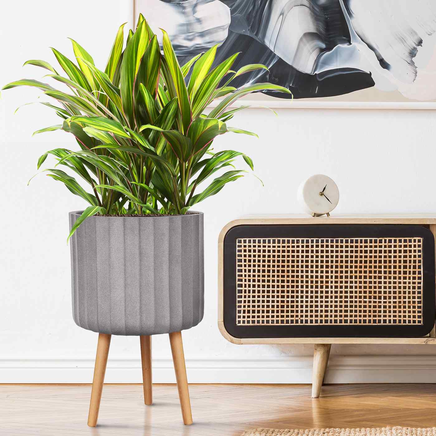 IDEALIST Lite Modern Ribbed Cylinder Planter on Legs, Round Pot Plant Stand Indoor