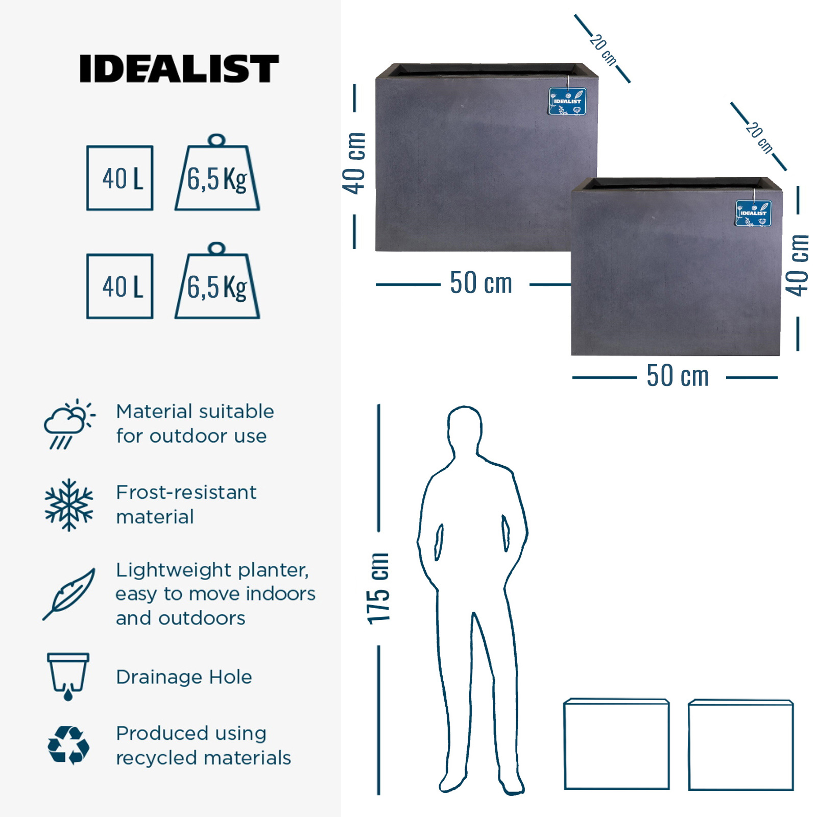 IDEALIST Lite Contemporary Light Concrete Trough Planter Set