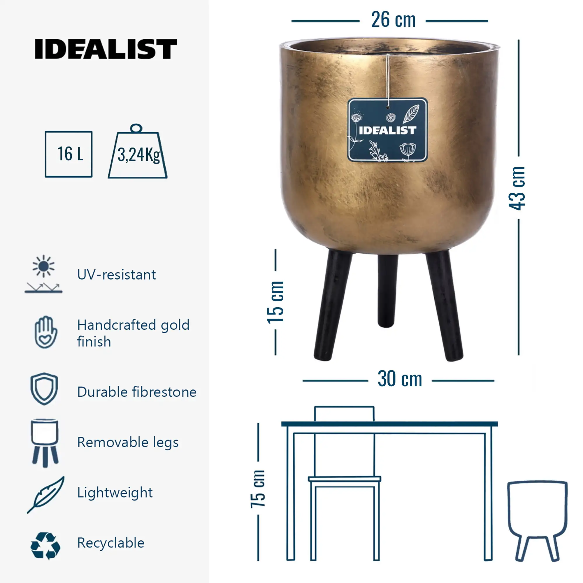 IDEALIST Lite Round Planter on Legs, Round Pot Plant Stand Indoor