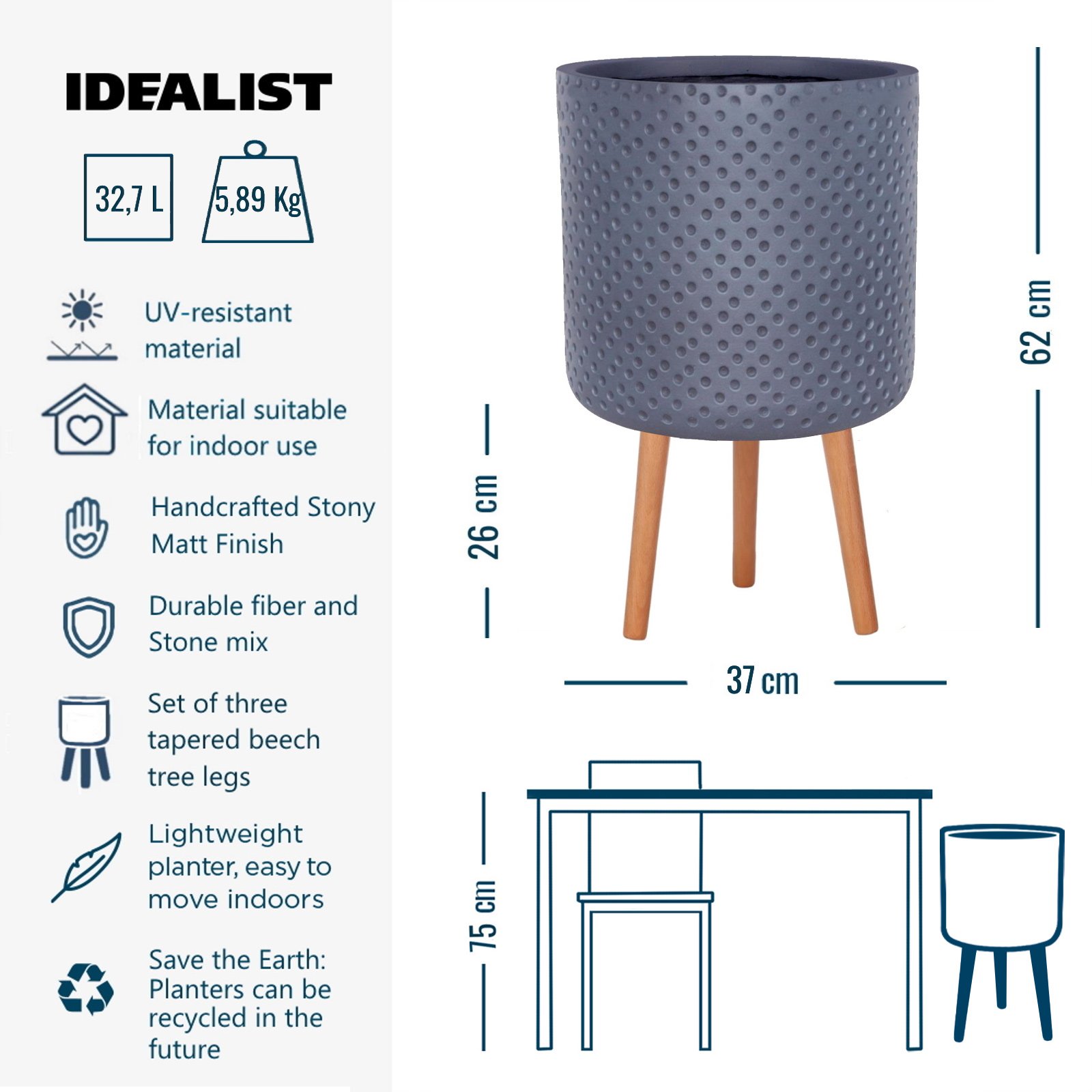 IDEALIST Lite Dotted Style Planter on Legs, Round Plant Pot Indoor