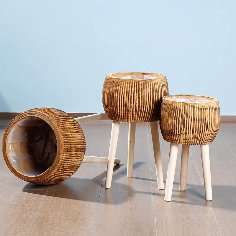HORTICO RIBBED Wooden House Planter with Legs, Tall Indoor Plant Pot Stand with Waterproof Liner