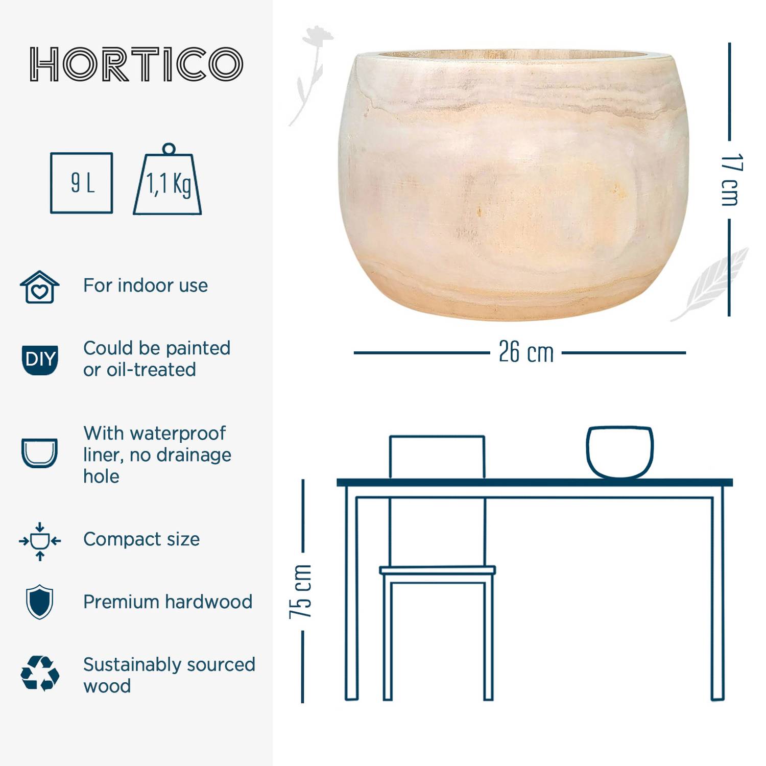 HORTICO ECO Wooden House Planter Round Indoor Plant Pot for House Plants with Waterproof Liner