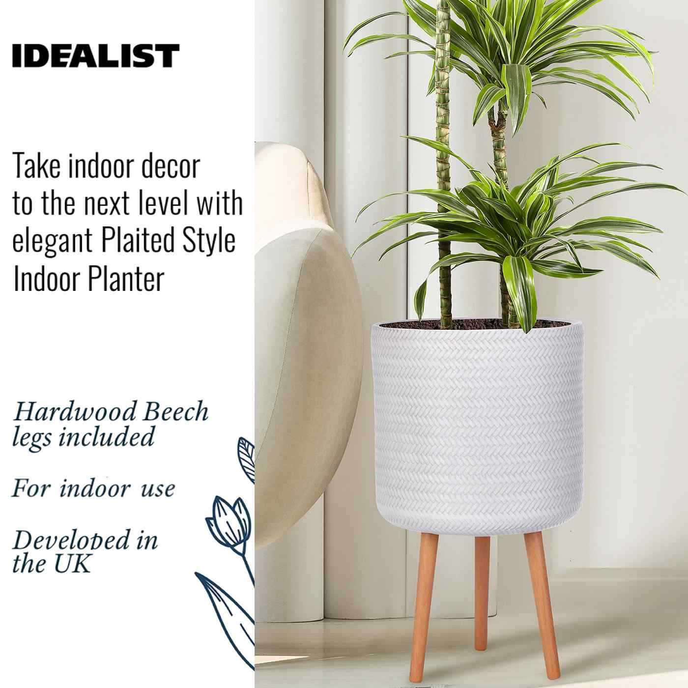 IDEALIST Lite Plaited Style Cylinder Planter on Legs, Round Pot Plant Stand Indoor
