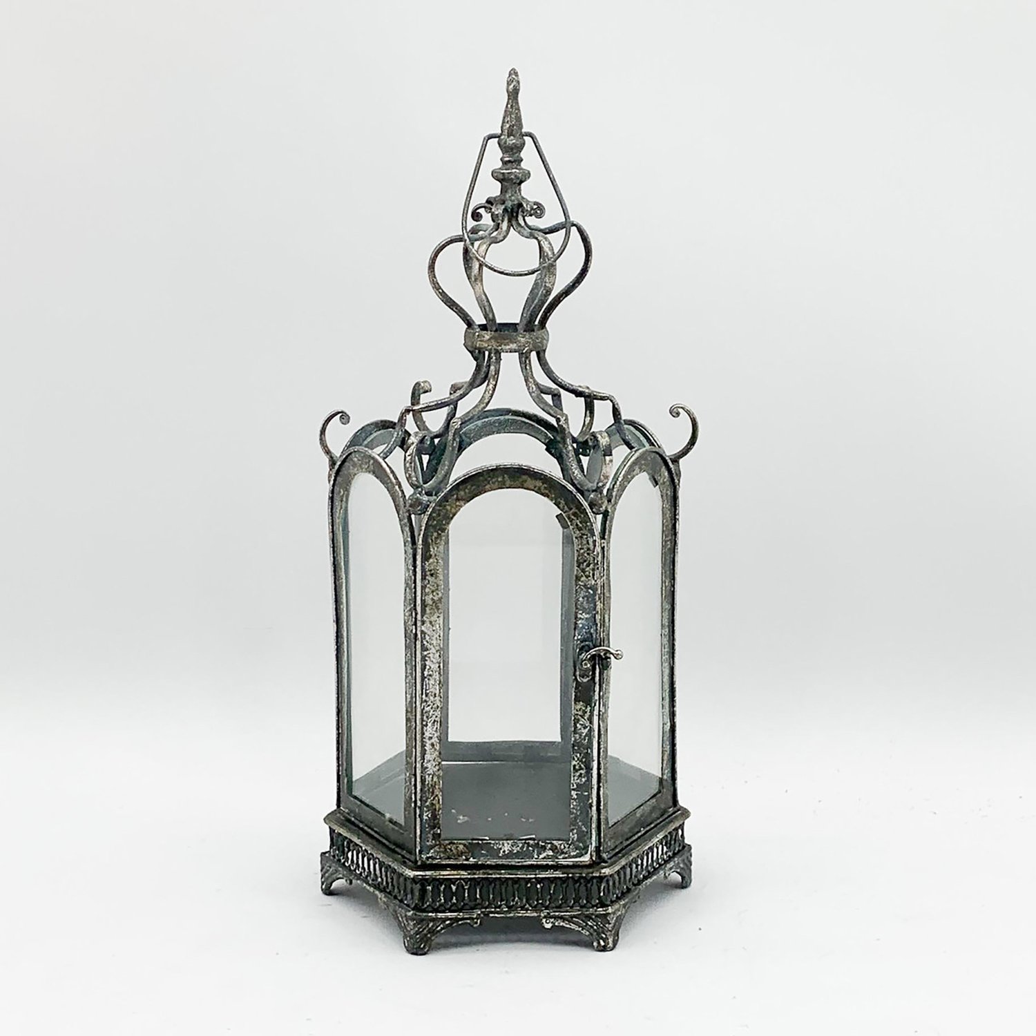 Hexagon Metal Garden Dark Silver Lantern with Latch by Minster