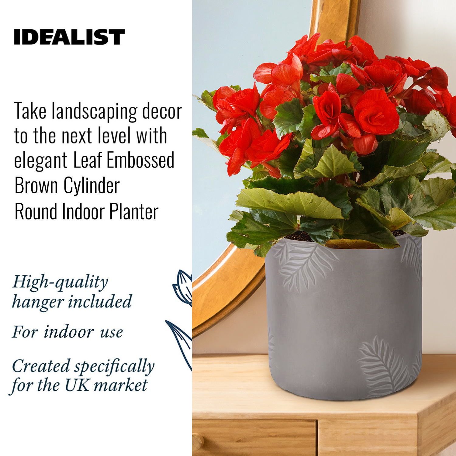 IDEALIST Lite Leaf Embossed Table Indoor Cylinder Round Plant Pot