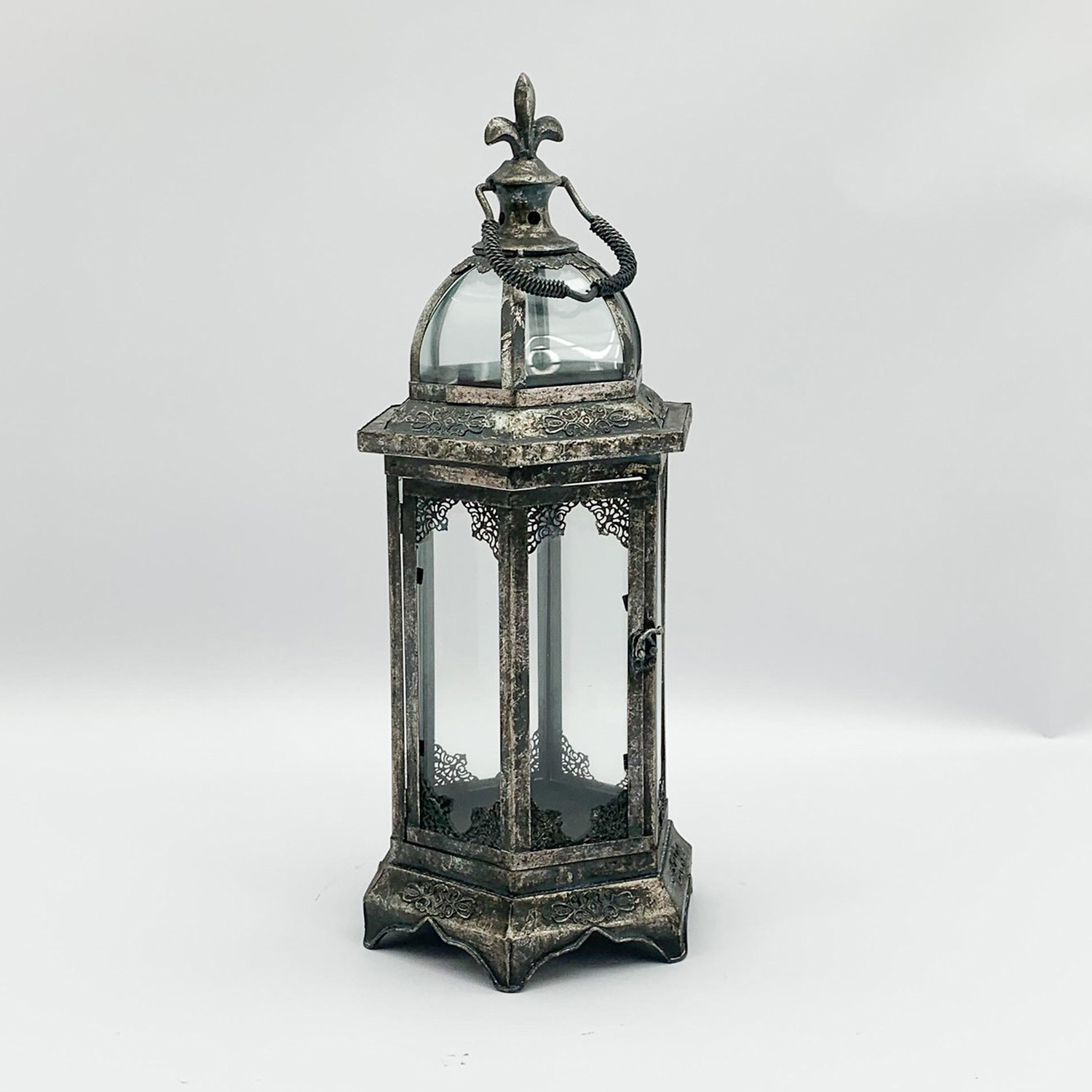 Hexagon Metal Ornament Garden Dark Silver Lantern by Minster