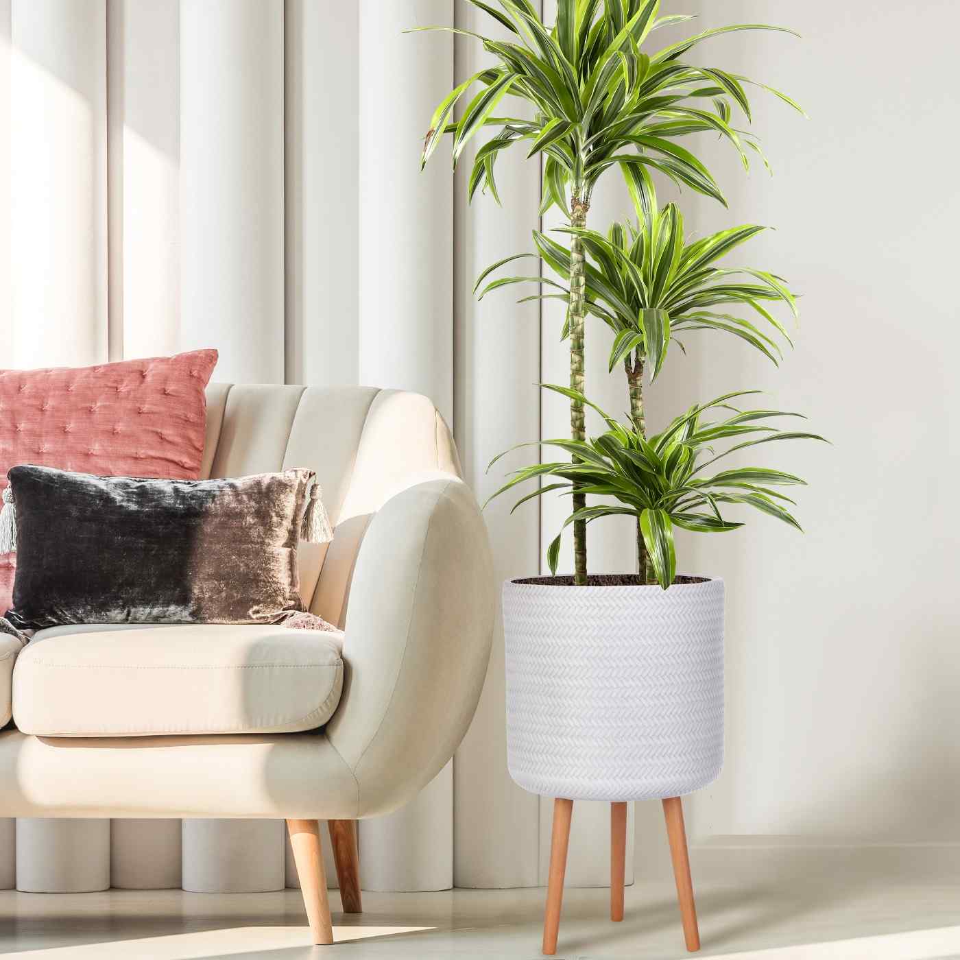 IDEALIST Lite Plaited Style Cylinder Planter on Legs, Round Pot Plant Stand Indoor