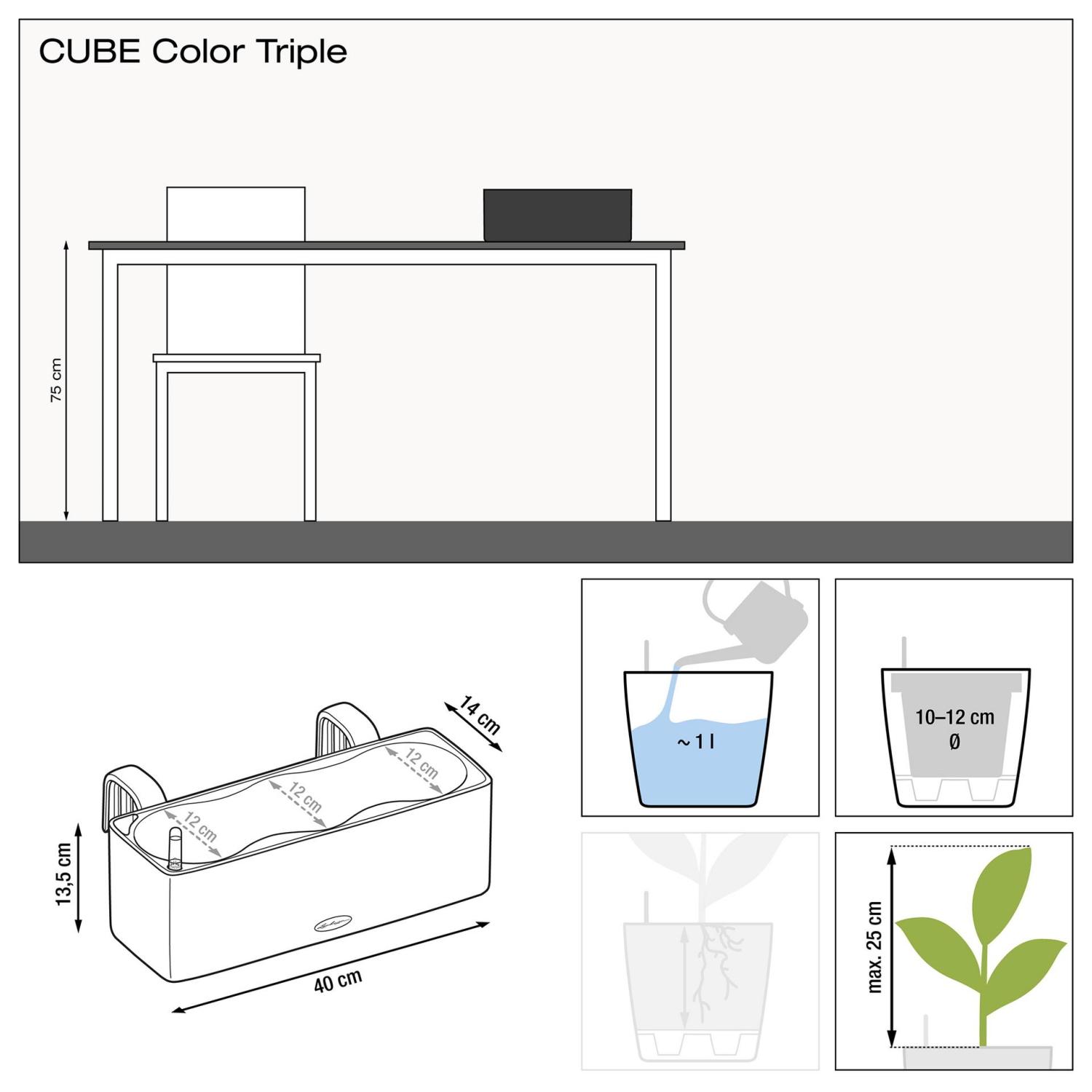 LECHUZA CUBE Color Triple Trough Poly Resin Self-watering Planter