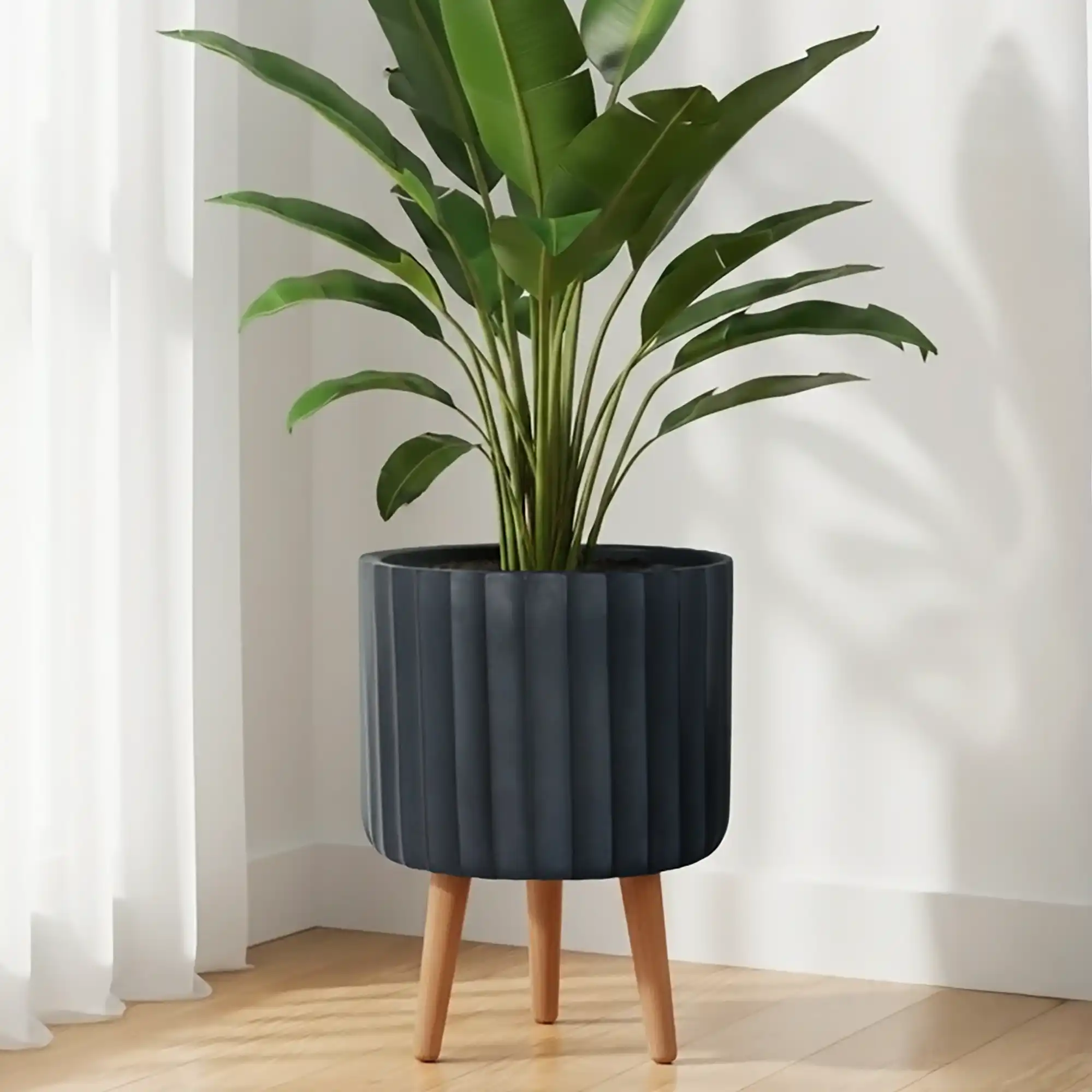 IDEALIST Lite Modern Ribbed Cylinder Planter on Legs, Round Pot Plant Stand Indoor