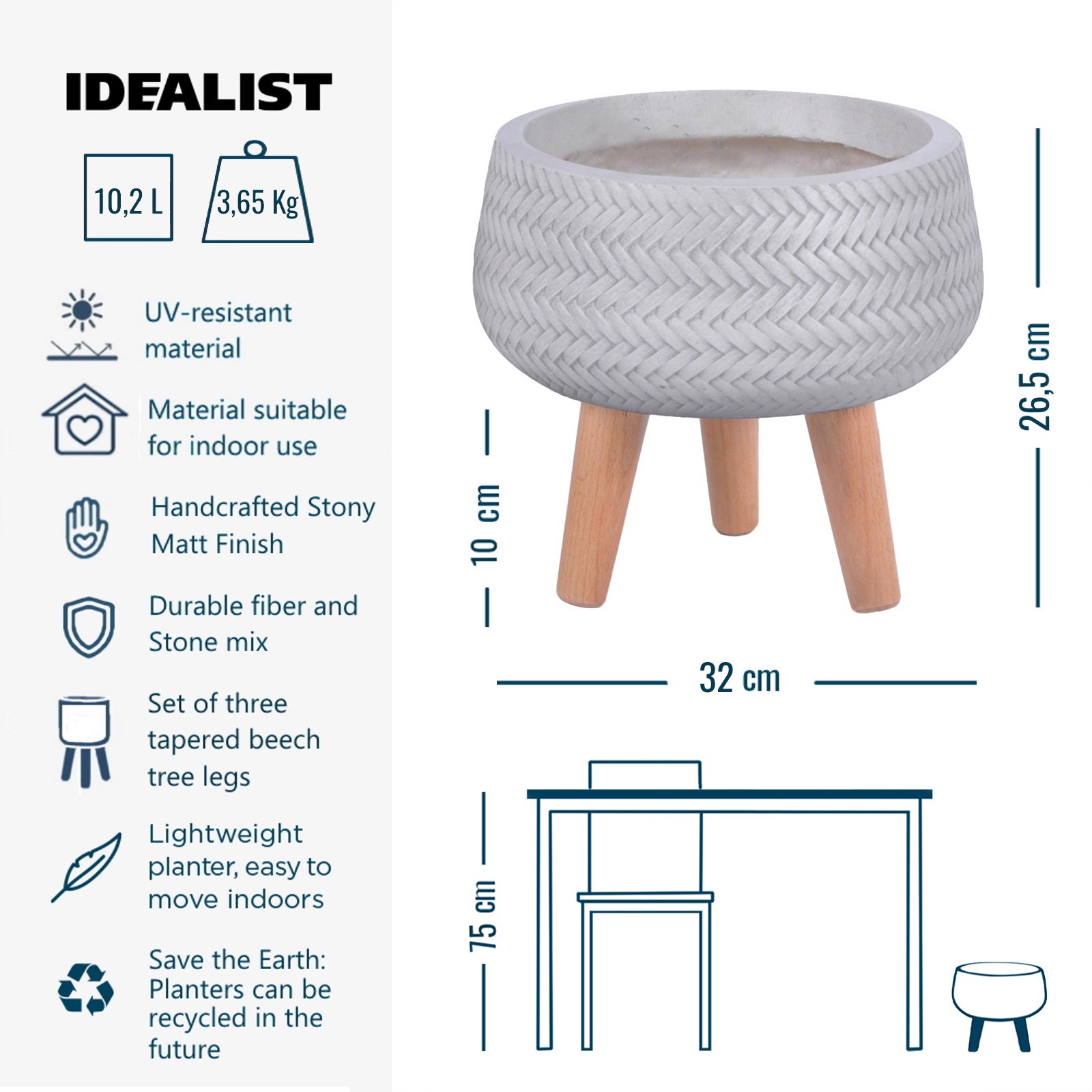 IDEALIST Lite Plaited Style Bowl Planter on Legs, Round Pot Plant Stand Indoor