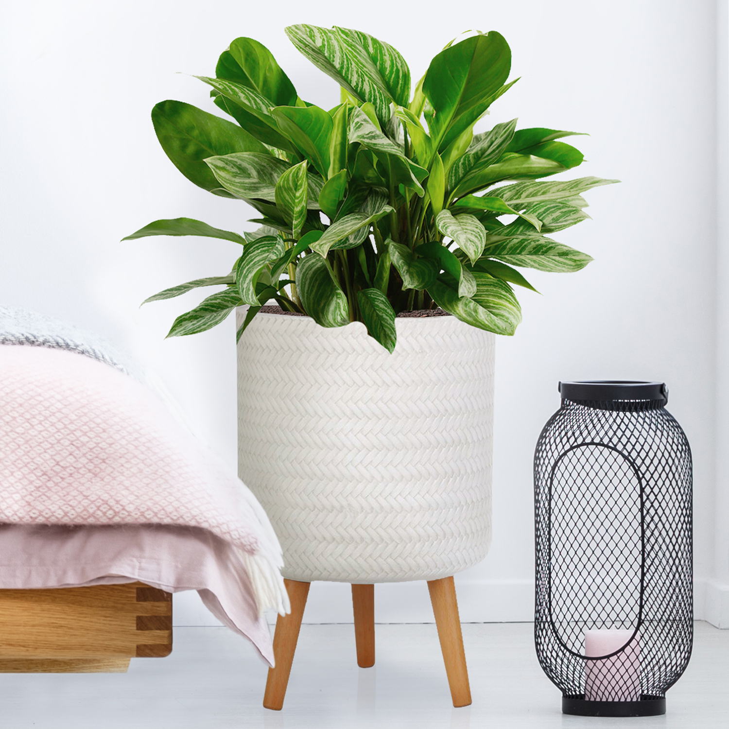 IDEALIST Lite Plaited Style Cylinder Planter on Legs, Round Pot Plant Stand Indoor