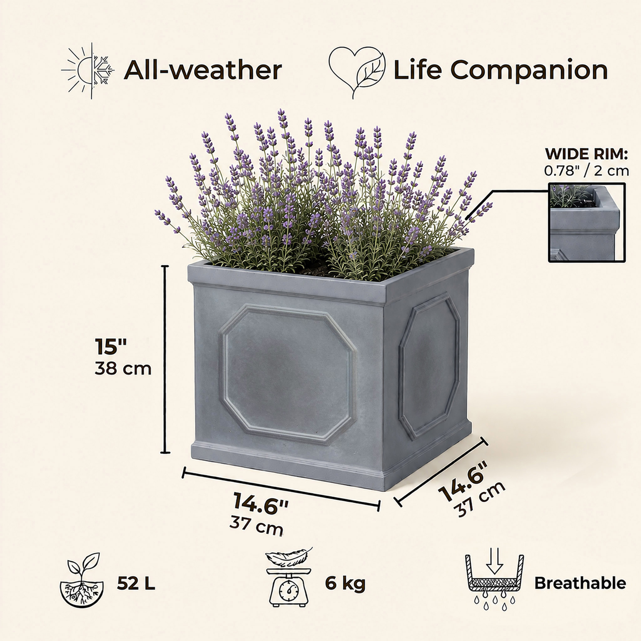 IDEALIST Lite Faux Lead Chelsea Box Square Light Concrete Planter