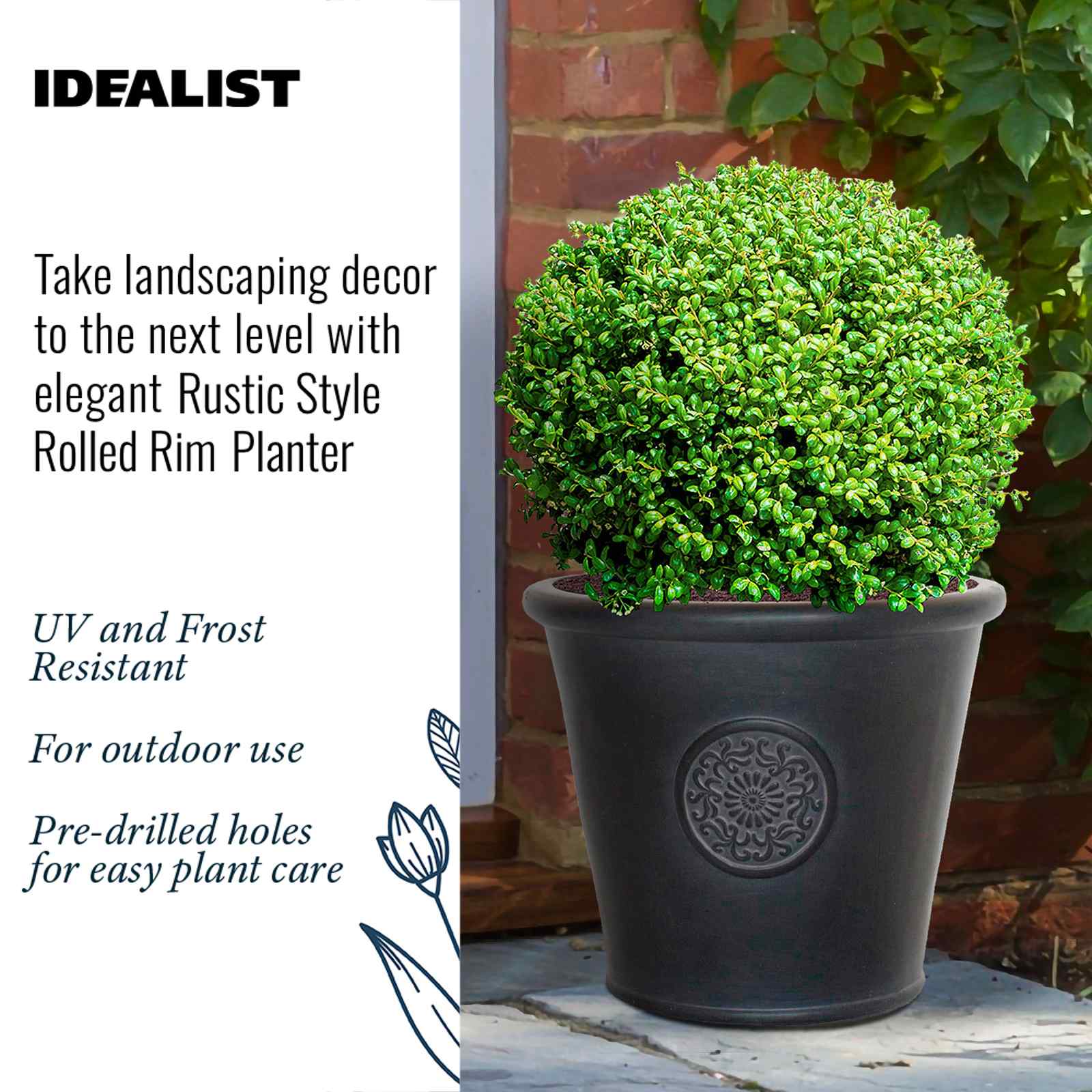 IDEALIST Lite Rustic Style Rolled Rim Wide Vase Outdoor Planter