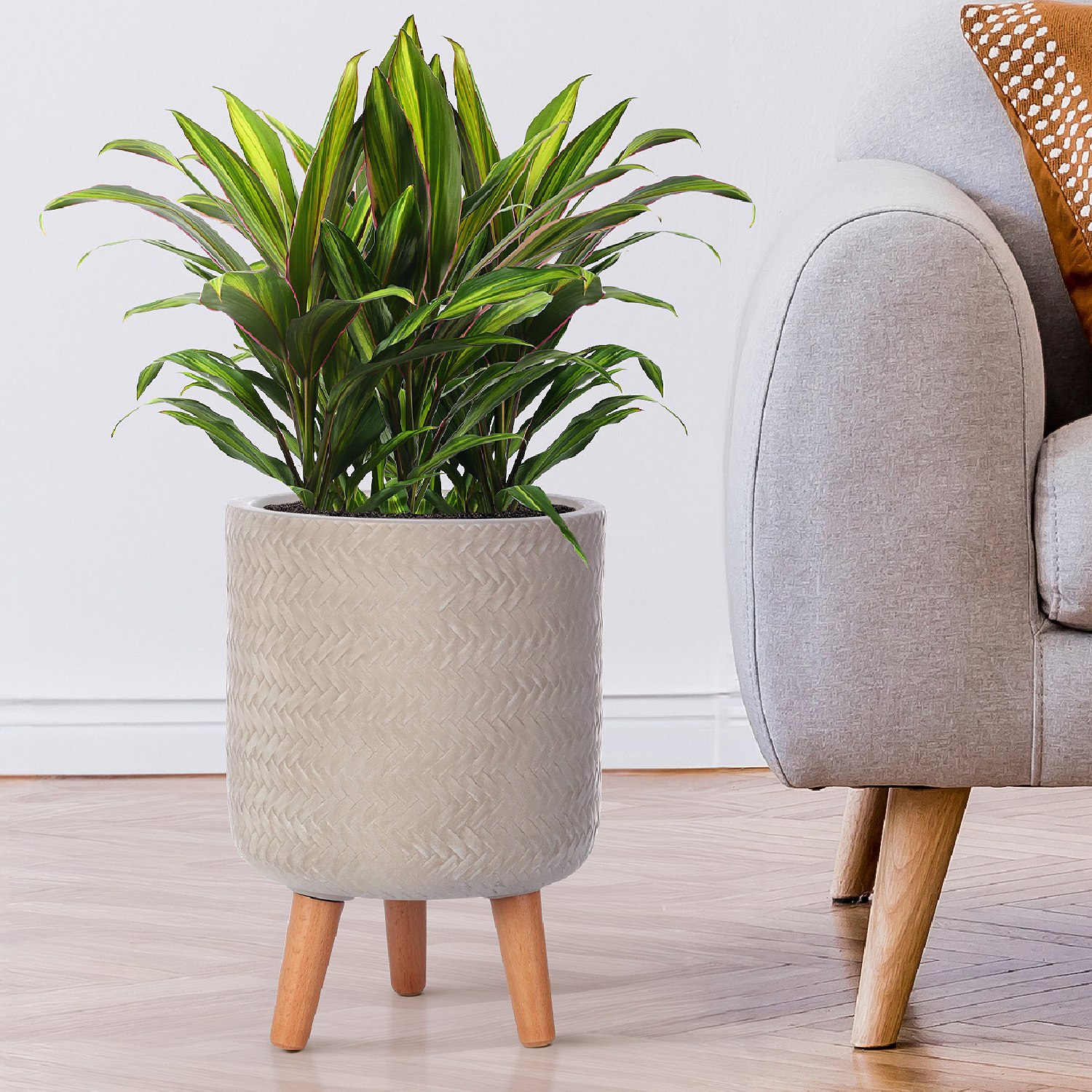 IDEALIST Lite Plaited Style Cylinder Planter on Legs, Round Pot Plant Stand Indoor