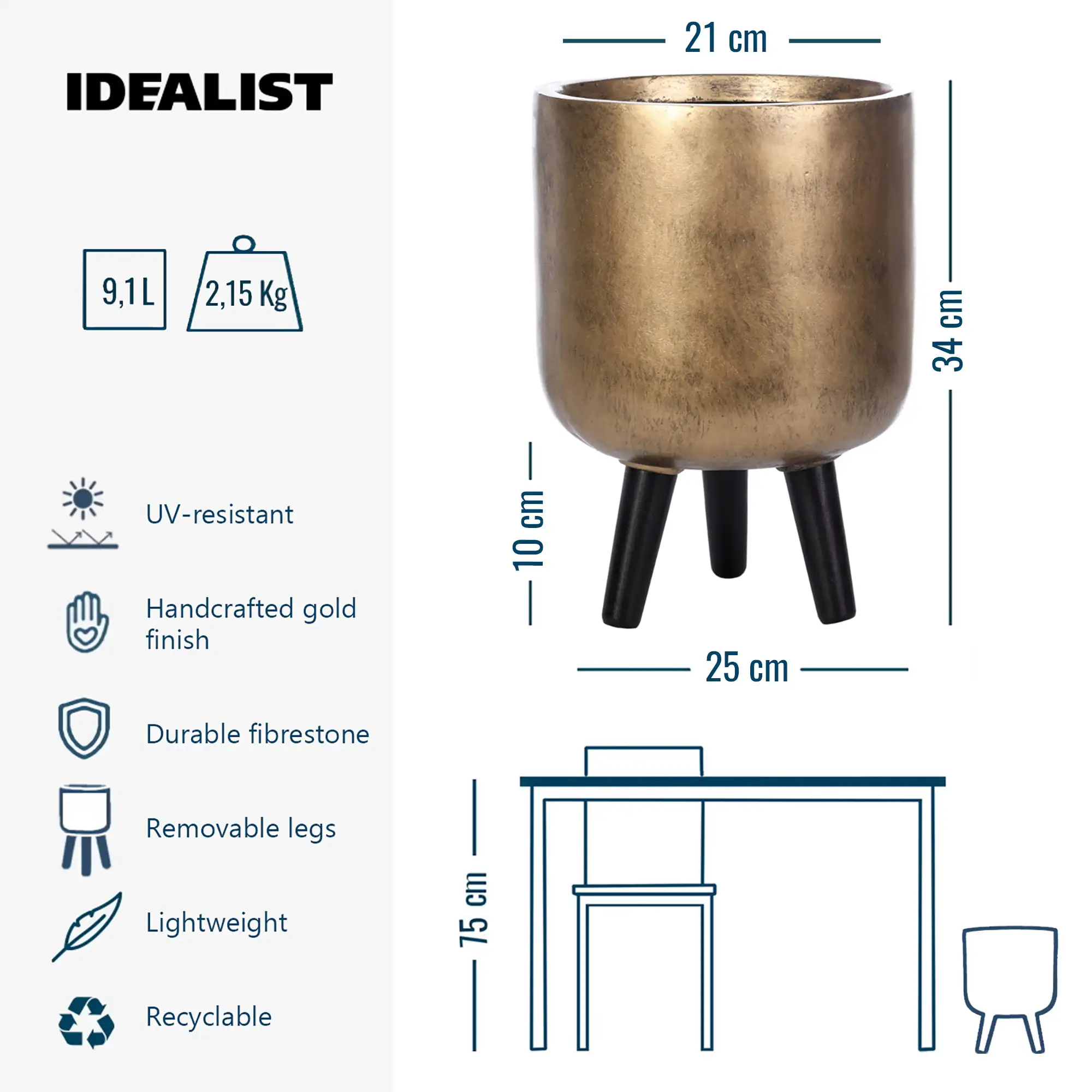IDEALIST Lite Round Planter on Legs, Round Pot Plant Stand Indoor