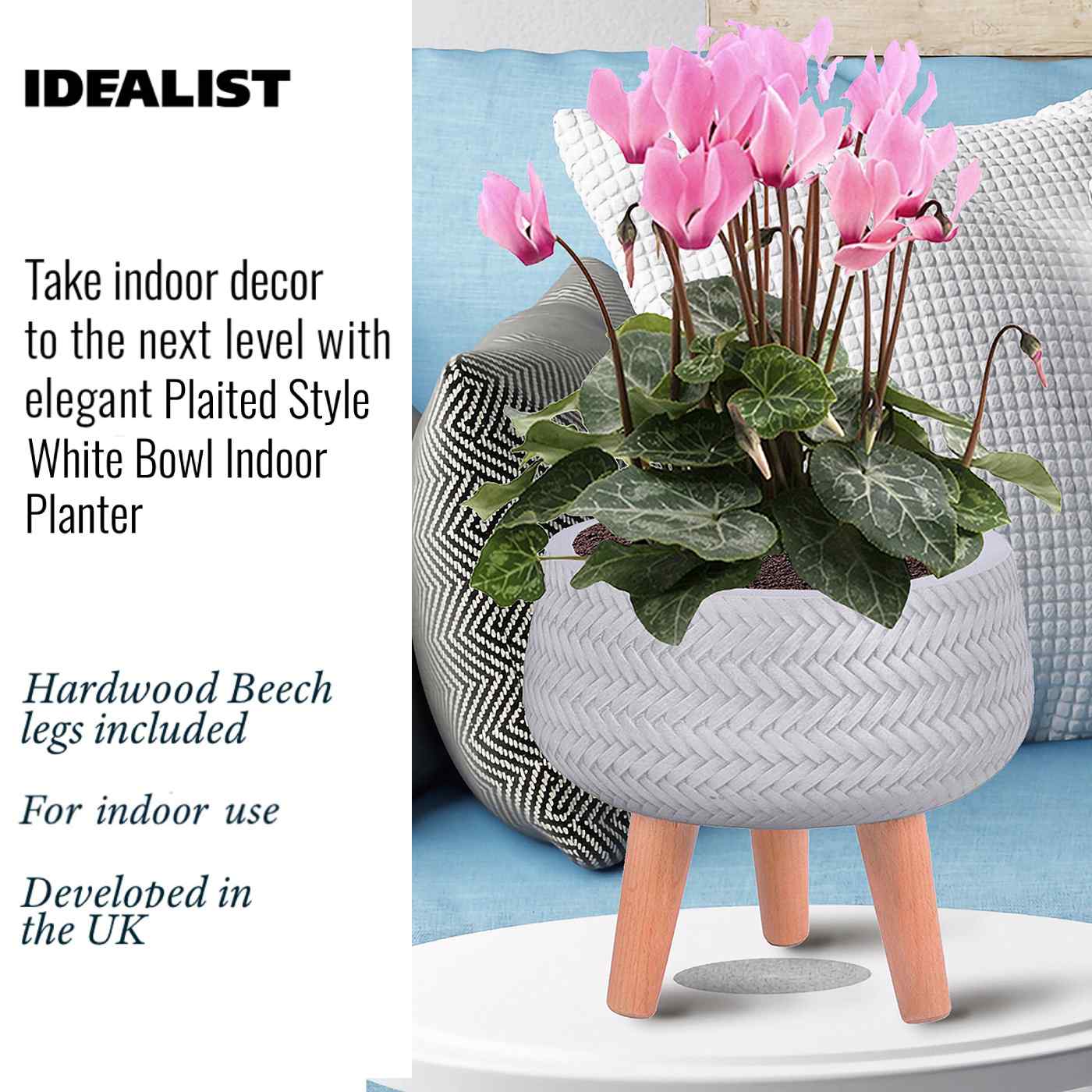 IDEALIST Lite Plaited Style Bowl Planter on Legs, Round Pot Plant Stand Indoor