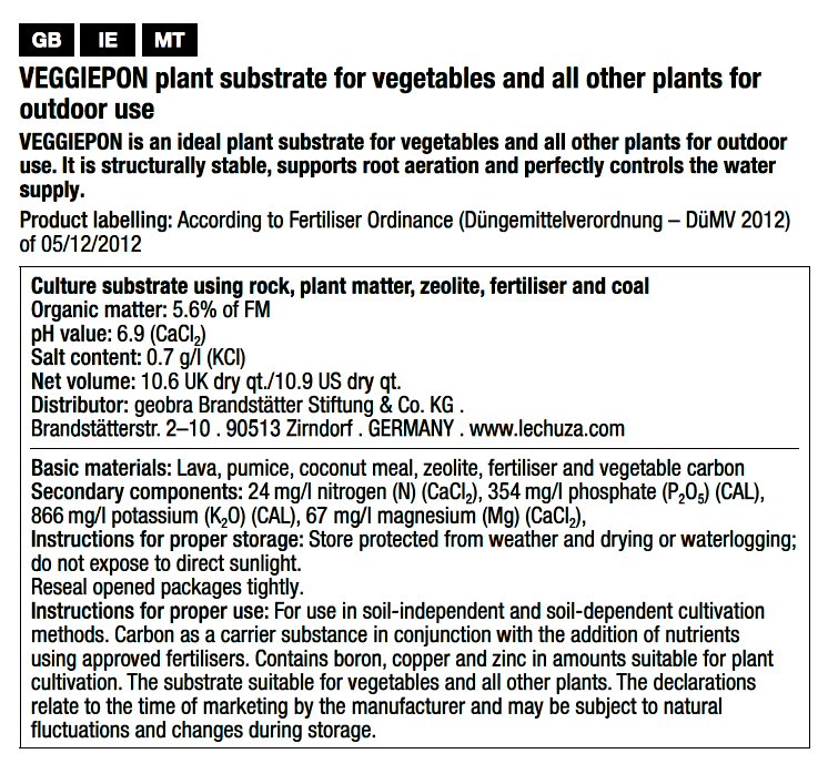 LECHUZA VEGGIEPON Organic Peat-Free Potting Compost for Vegetables Growing