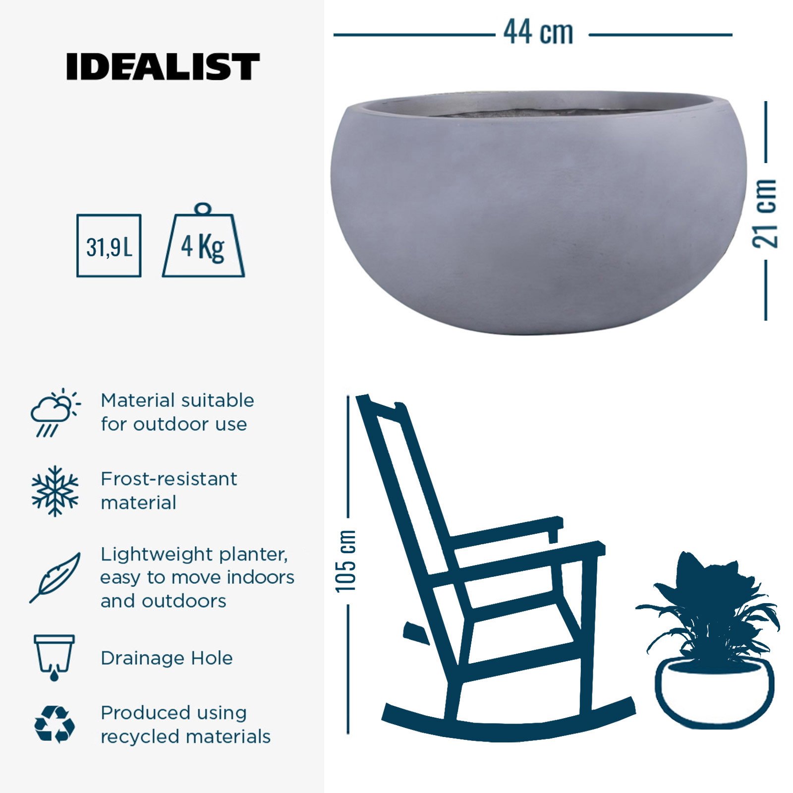 IDEALIST Lite Classic Smooth Bowl Outdoor Planter