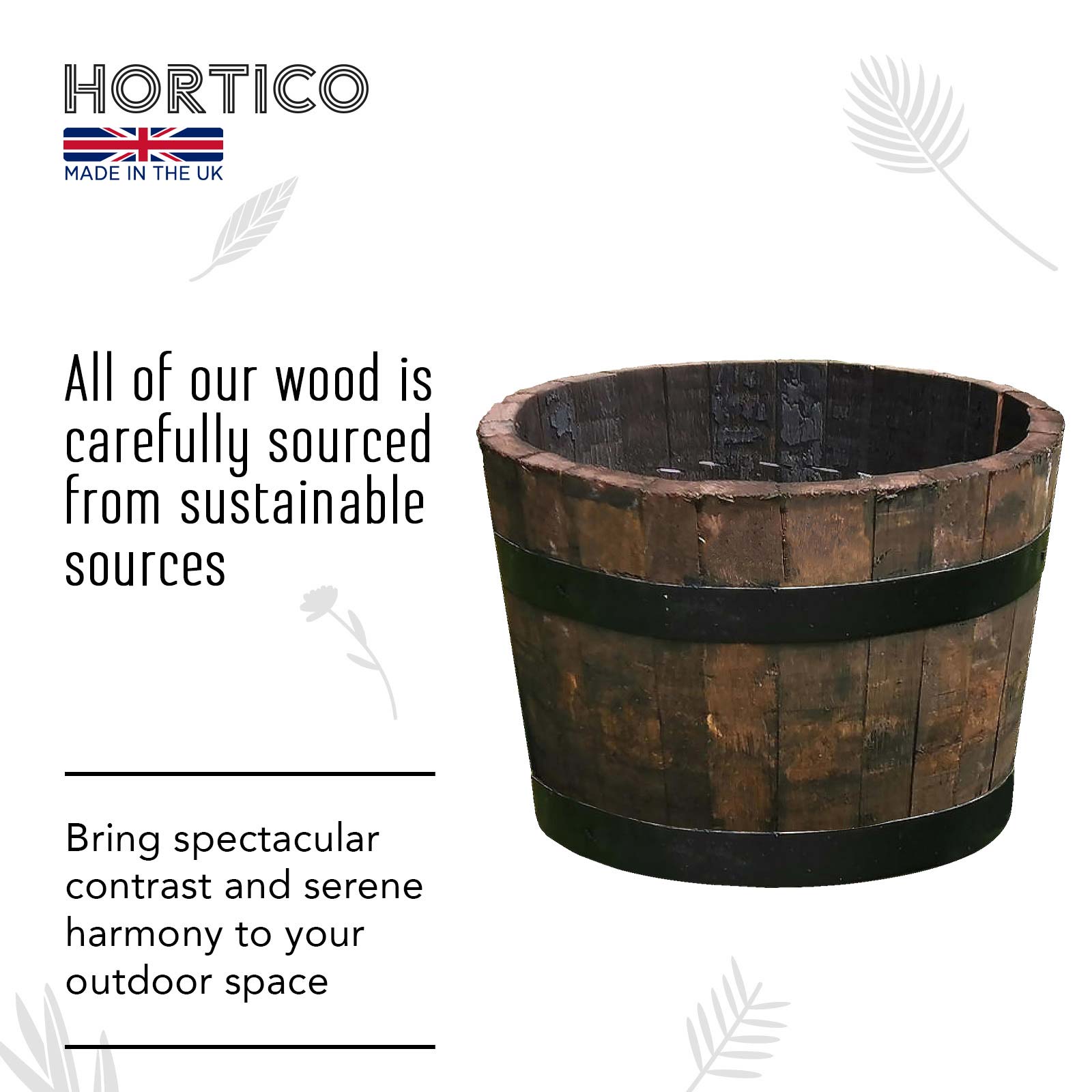 Rustic Upcycled Oak Wood Round Tub Half Barrel Outdoor Planter Made in UK by HORTICO