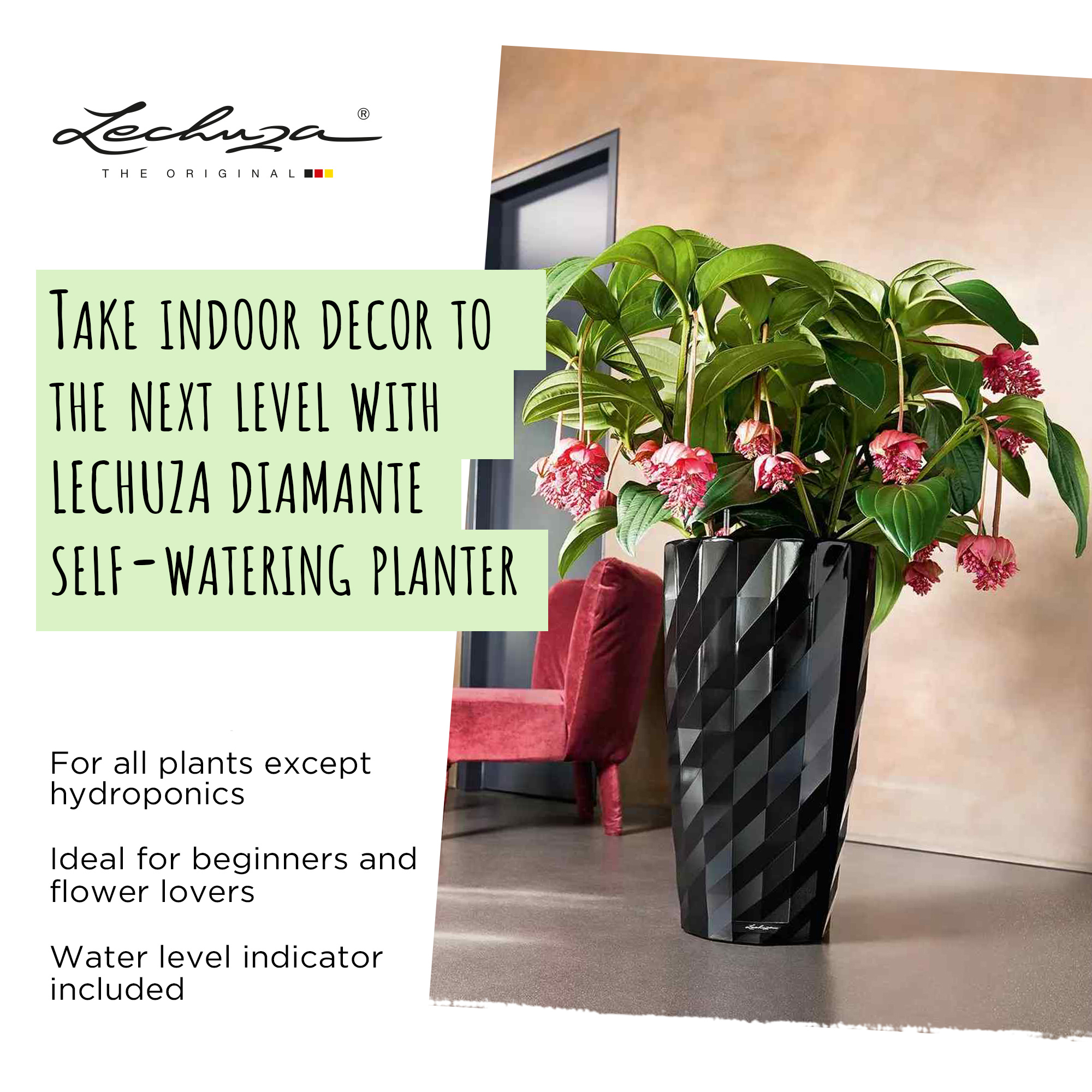 LECHUZA DIAMANTE Premium Glossy Round Tall Poly Resin Self-watering Planter