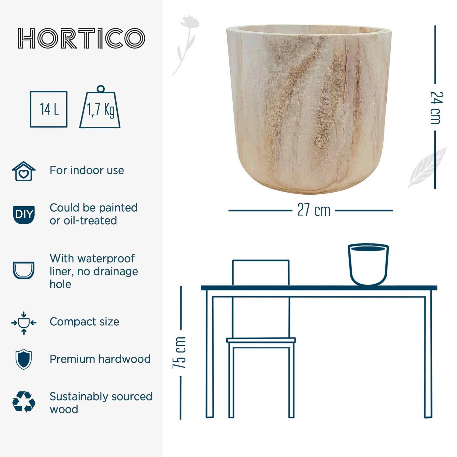 HORTICO CRAFT Wooden House Planter Round Indoor Plant Pot for House Plants with Waterproof Liner