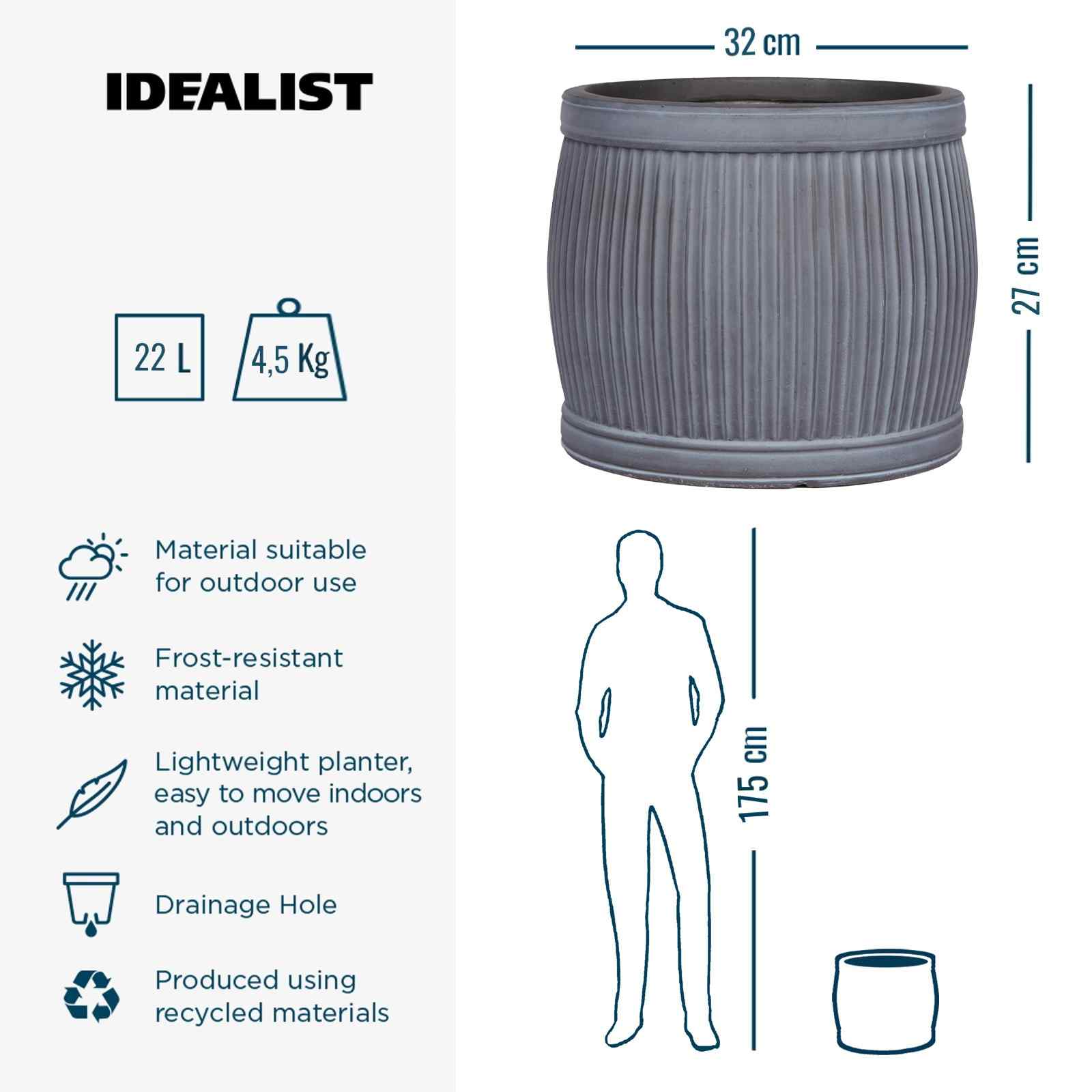 IDEALIST Lite Vertical Ribbed Vintage Style Barrel Round Planter